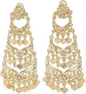 Bohemian Heart Tassel Statement Dangle Indian Earrings for Women Vintage Gold-Tone Plated Crystal CZ Long Chandelier Drop Dangling Earring Bollywood Jewelry for Jhumka Festival Holiday Wedding Party Prom