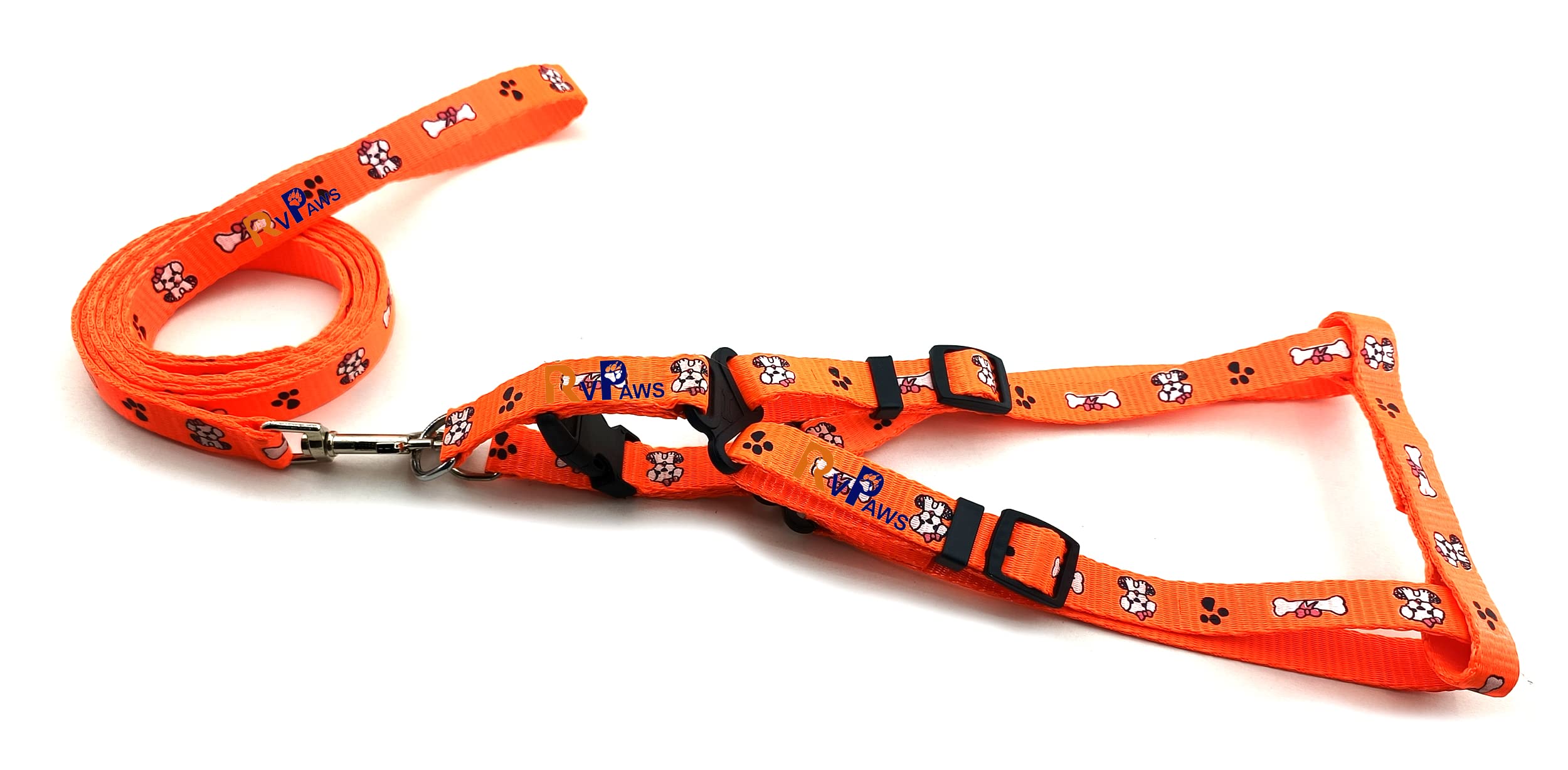 RvPaws Small Breed Dog Soft Body Belt Adjustable Bone & Paw Printed Colourful Puppy Nylon Harness Set with Metal Hook Leash (Orange) (B0BT1ZJ9VB) Amazon Price History, Amazon Price Tracker