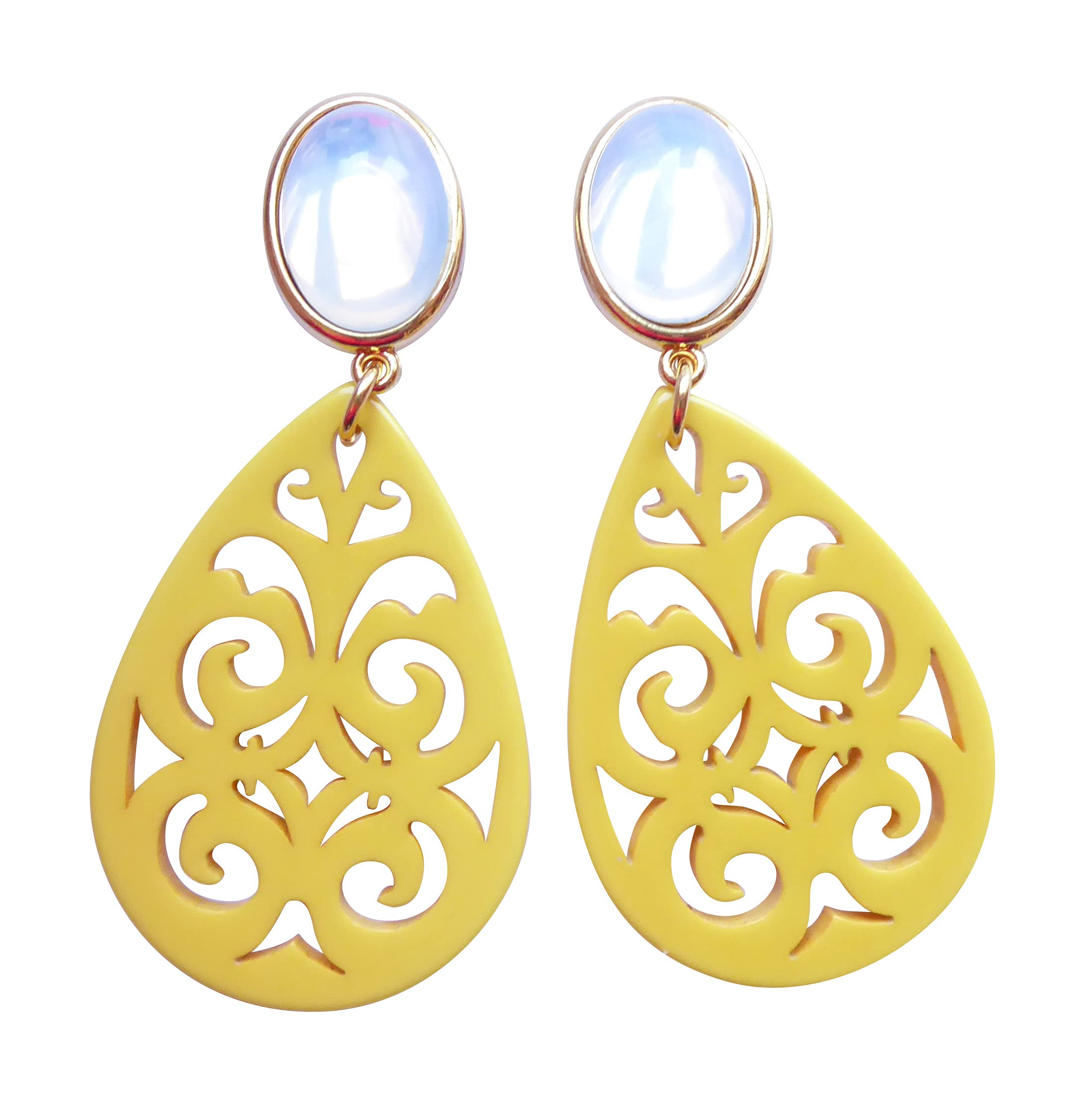 Leichte sehr große Ohrstecker Ohrringe vergoldet Stein silbrig glänzend Anhänger riesig gelb Hingucker Eyecatcher Statement Party Fest Designer JUSTWIN