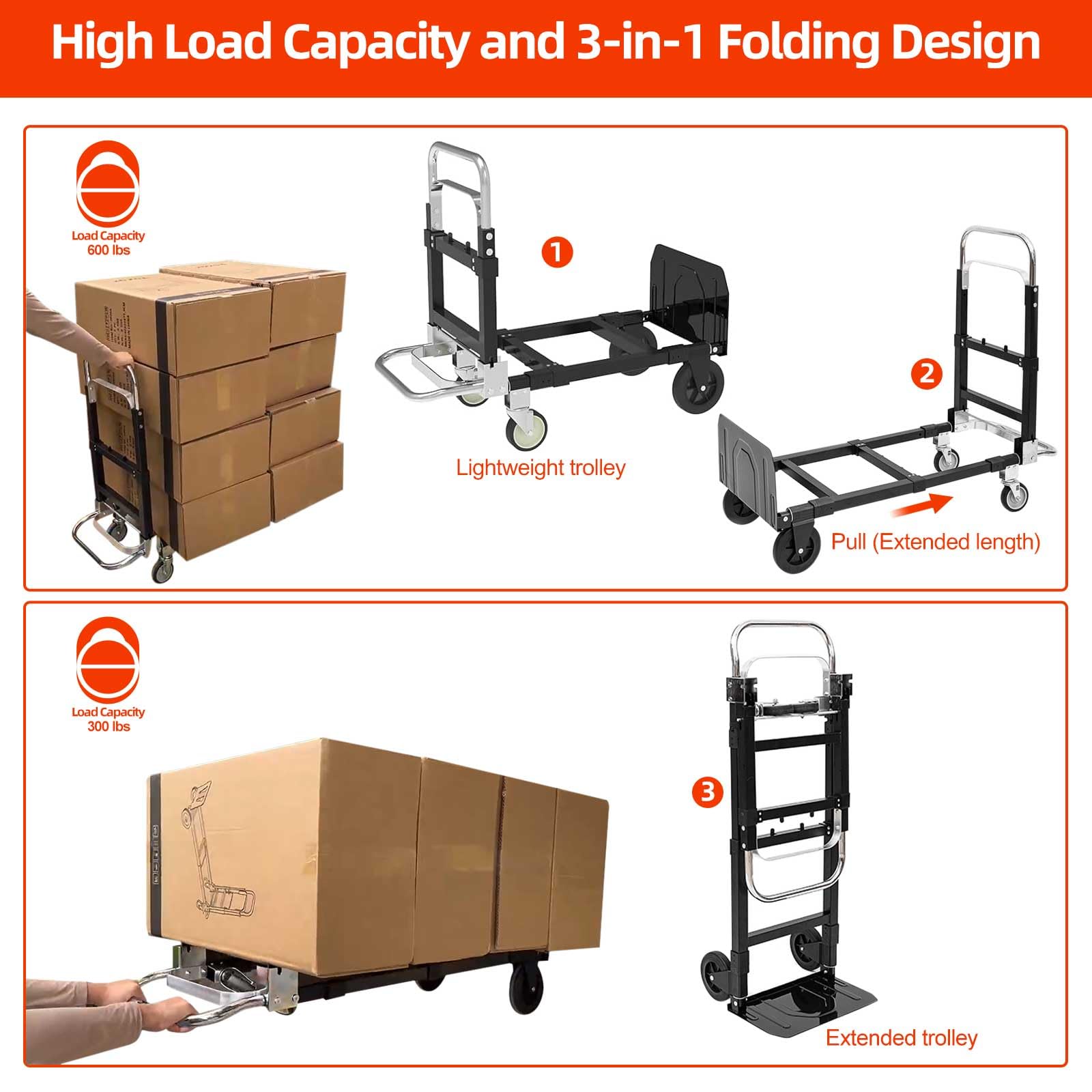 Carretilla de mano, diseño 2 en 1, capacidad de 700 libras, carrito industrial plegable y extensible con 4 ruedas de goma, para transporte y mudanza en almacenes, supermercados, jardines y centros