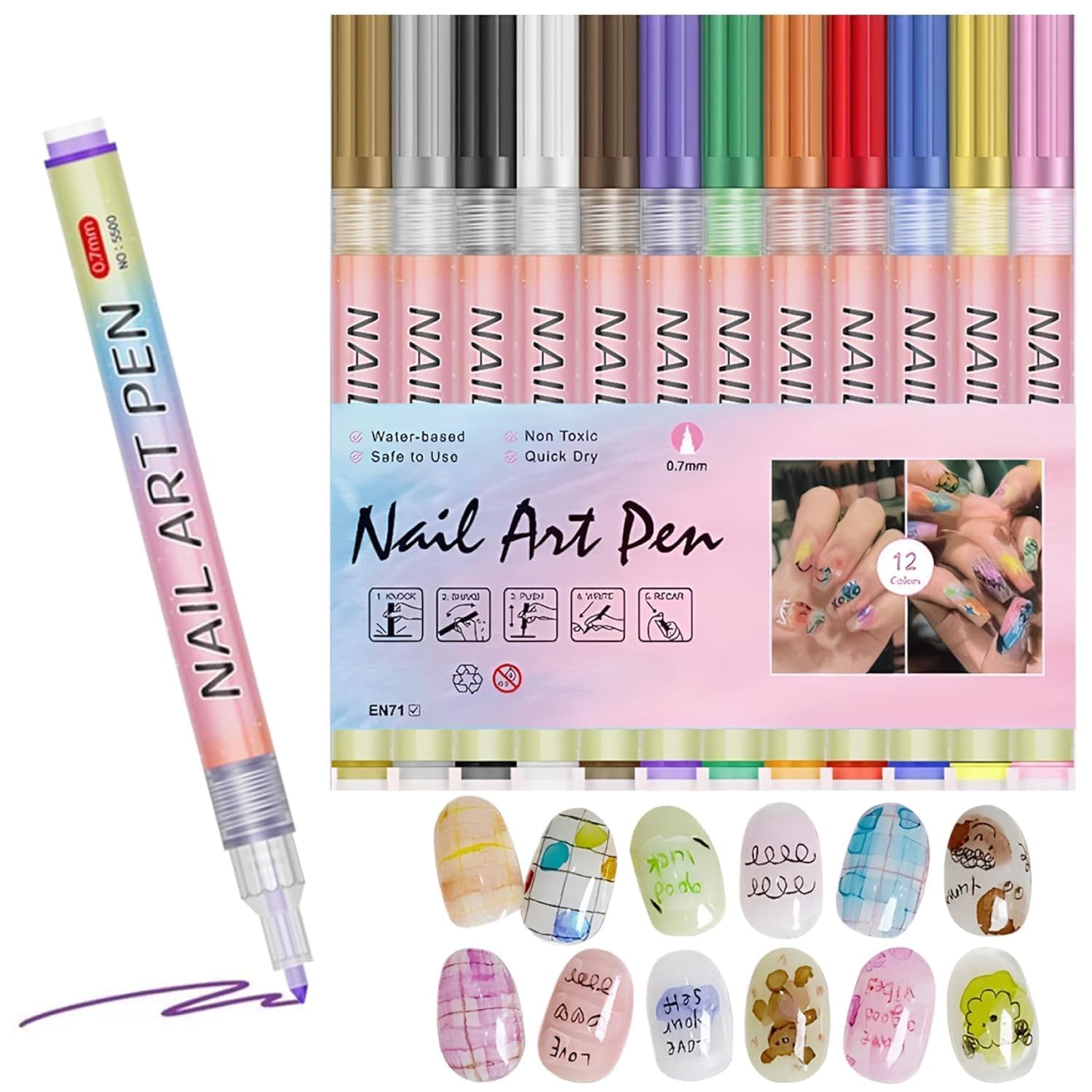 12 Shade Nail Art Marker Pen Set Multicolor Nail Polish Drawing Pens Fine Tip Manicure Tools Decorative Design Kit DIY Salon Home Beauty Supplies Precision Detailing-image-23