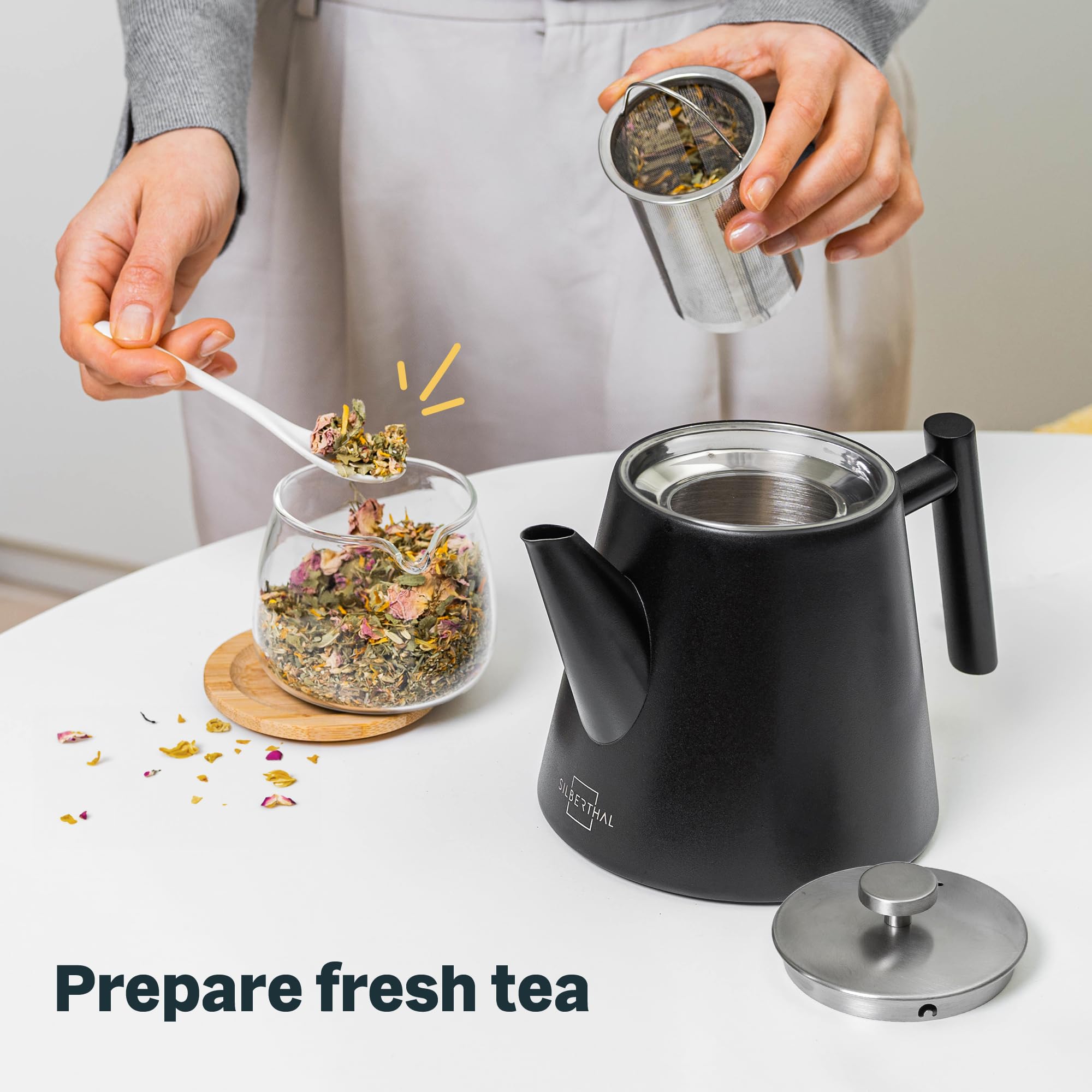 SILBERTHAL Théière avec Filtre et Bouilloire à induction 2,8 l - Inox Double Paroi - 1 Litre - Garde la Chaleur - pour camping et cadeaux