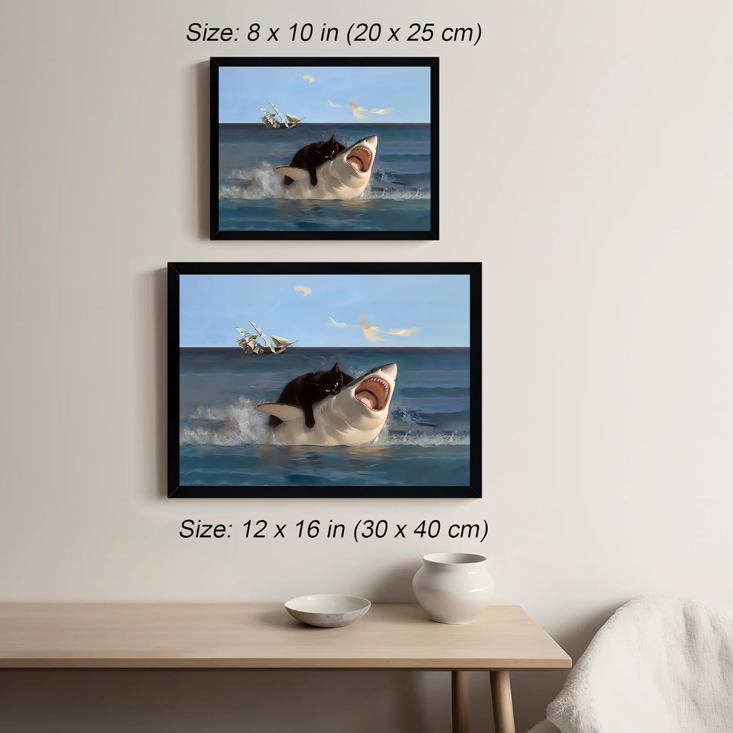 ICHZUMW Funny Black Cat Biting Shark Canvas Wall Art Framed, Quirky Cat Riding Portrait Picture Print, Humorous Unique Whimsical Animal Painting Wall Decor, Bathroom Living Room Bedroom, 12x16in