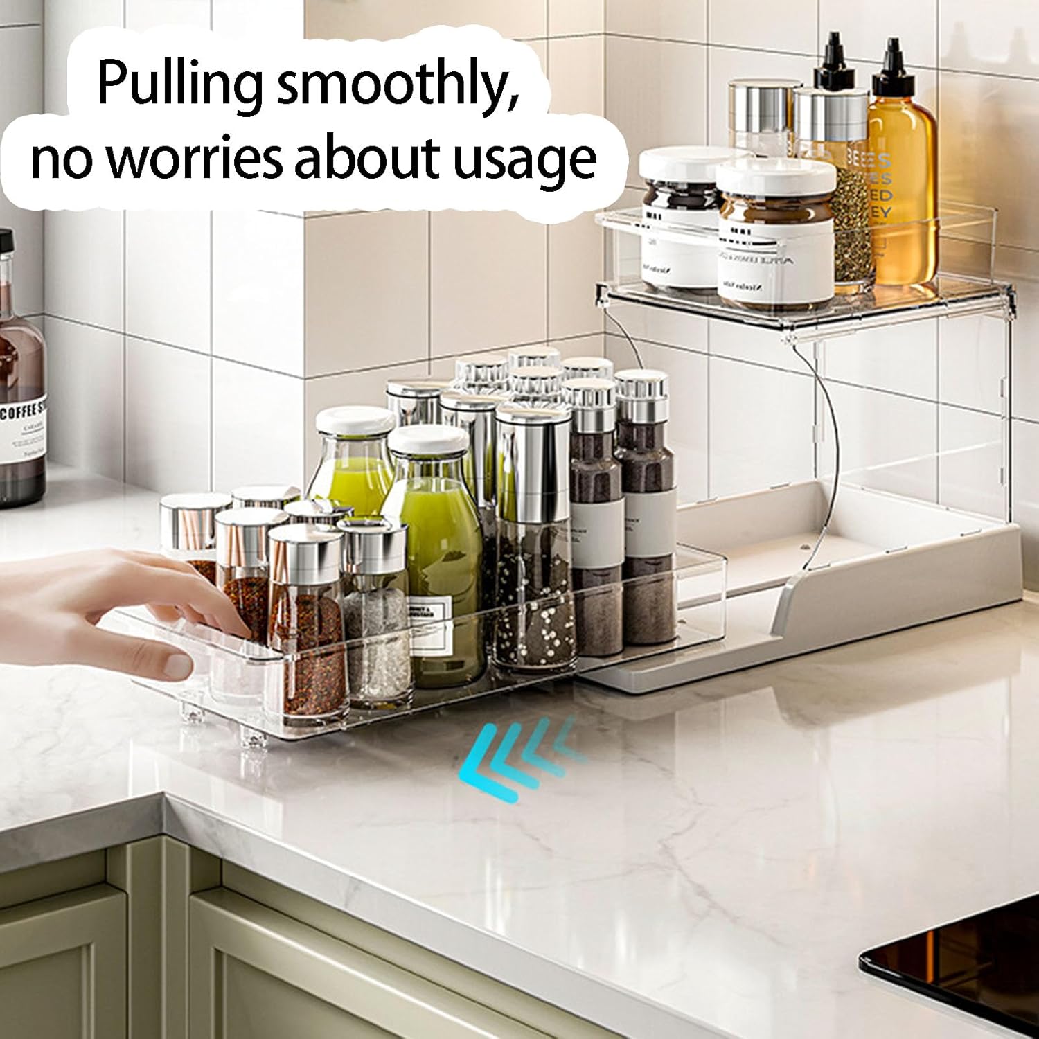 2Pcs Cabinet Storage Holder with Turning Design Double Layer Pull Out for Kitchen Bathroom ABS Clear Shelf Unit Under Sink Storage Rack