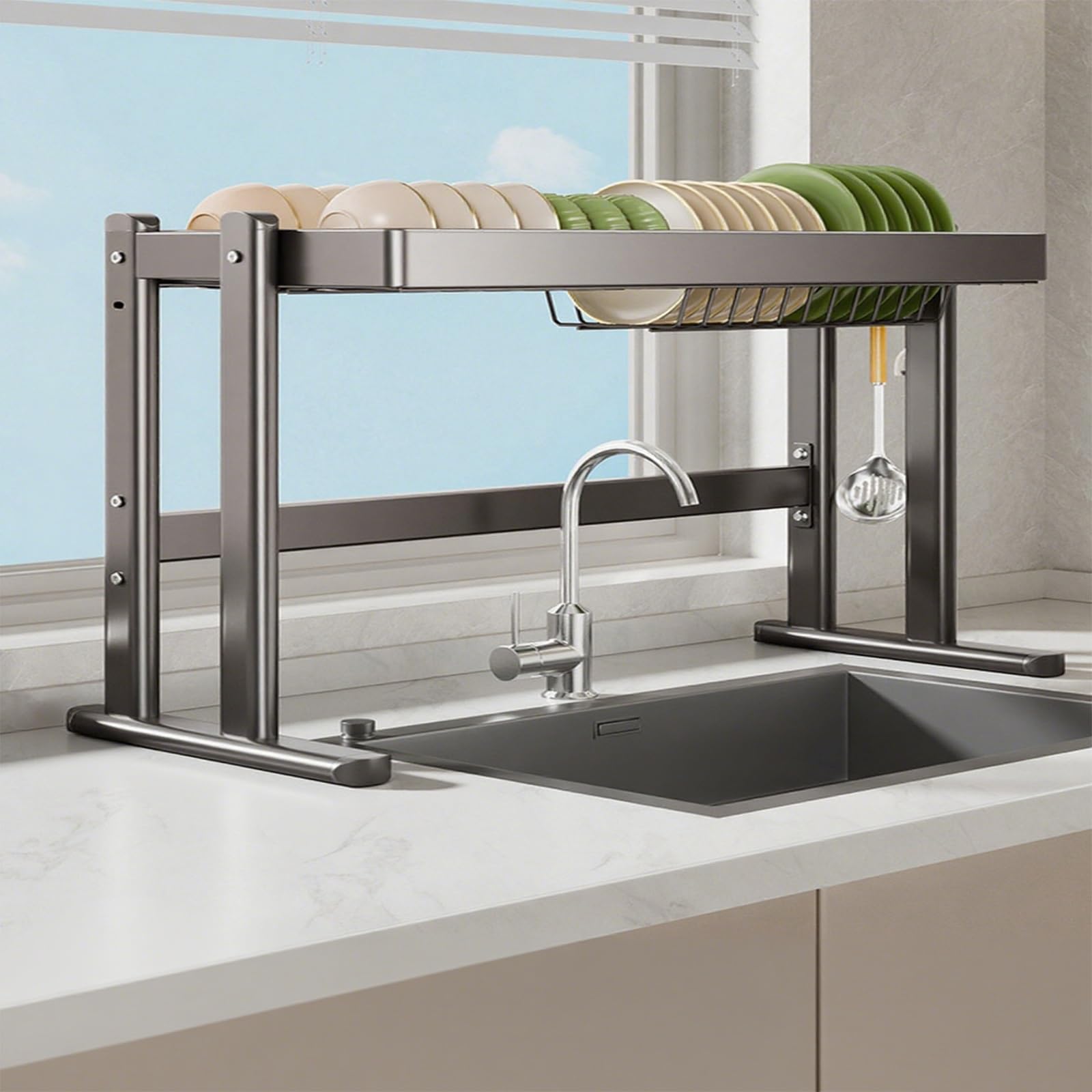 Escurridor de Platos de Doble Nivel para Fregadero de Cocina. Escurridor Grande Que Ahorra Espacio. Almacena Platos, Vasos, tazones y Cubiertos (Estructura Simple de 85 cm/33 Pulgadas).