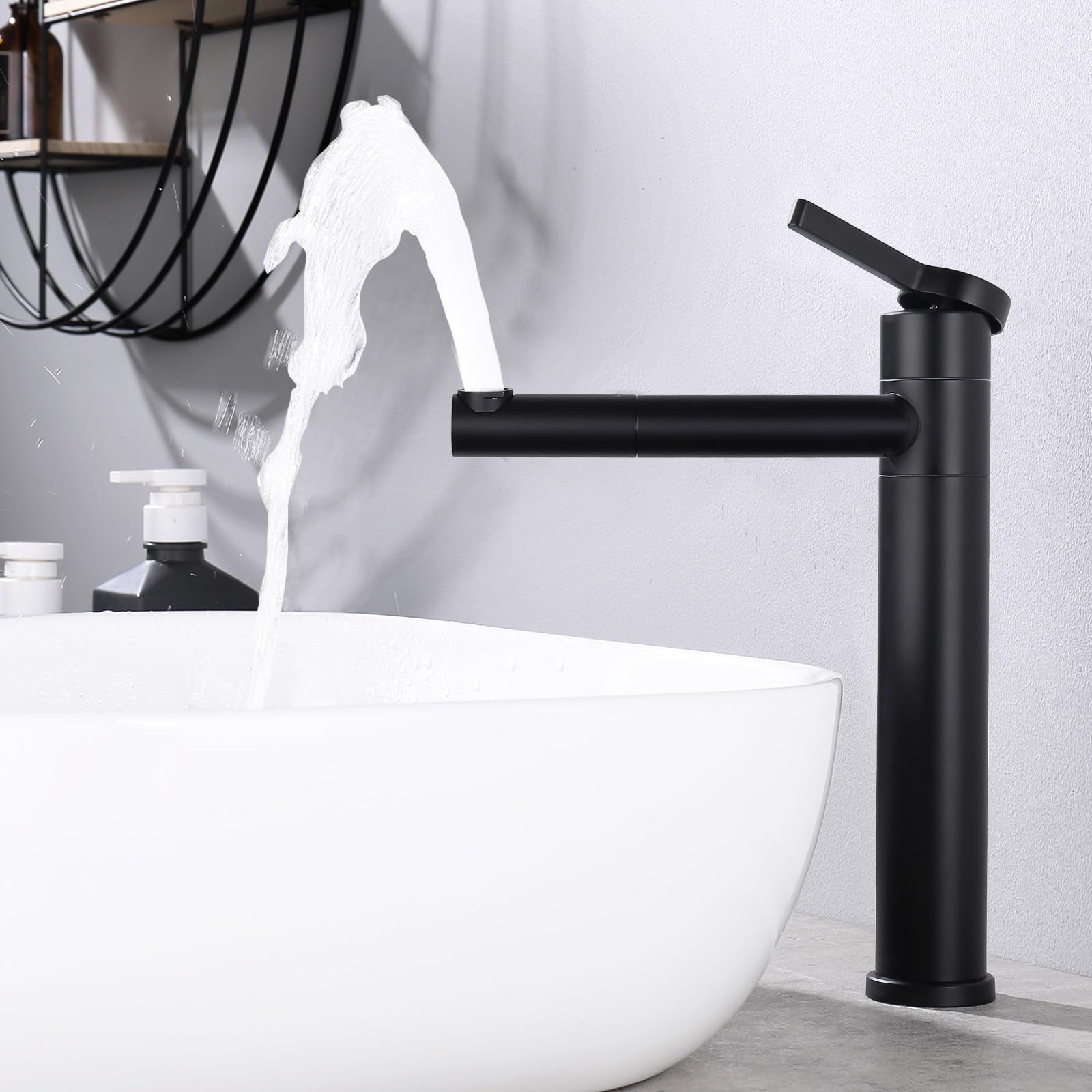 HOMELODY Wasserhahn Bad Schwarz Hoch mit 360°drehbarer Auslauf & Körper - Edelstahl Wasserhahn Bad mit 215 mm Auslaufhöhe - Waschbecken Einhebelmischer Schwarz Matt für Aufsatzbecken