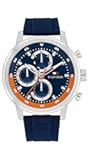 Men's Sporty Watch – Quartz Multifunction, Stainless Steel Case, Sunray Dial with Stick Indexes and CD-Textured Sub-Eyes, Oversized Crown, Silicone Strap – Gift for Him