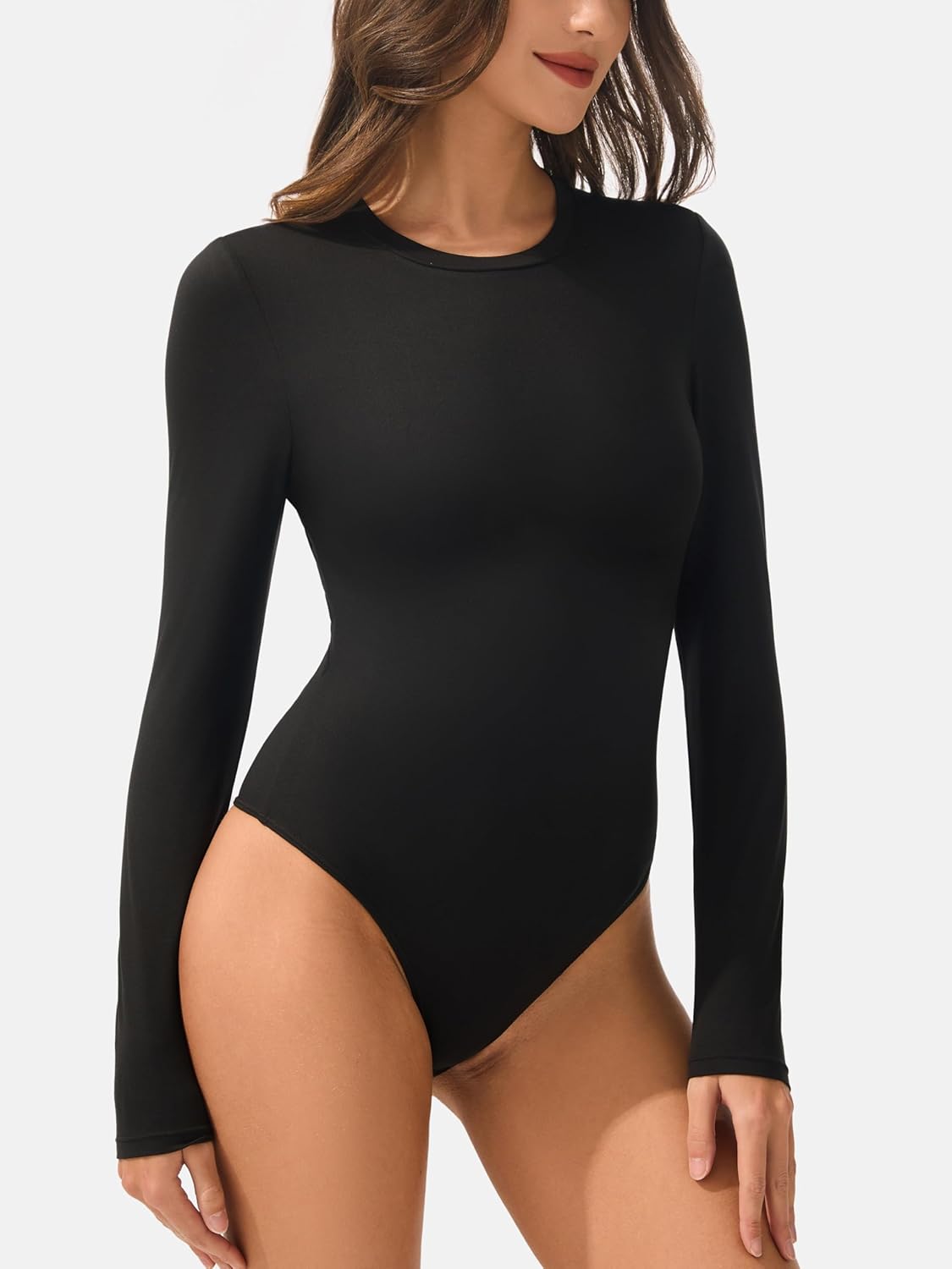 AFITNE Women’s Crew Neck Long Sleeve Bodysuit Basic Trendy Tummy Control Double Lined Thong Body Suit Tops Shirts - Image 2