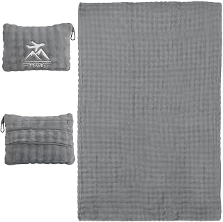 Travel Blanket and Pillow-2-in-1, Ultra-Soft&Compact,Airplane Blanket with Hand Luggage Belt and Backpack Clip,Travelers Accessories Gifts, 61x43 Inches（Gray）