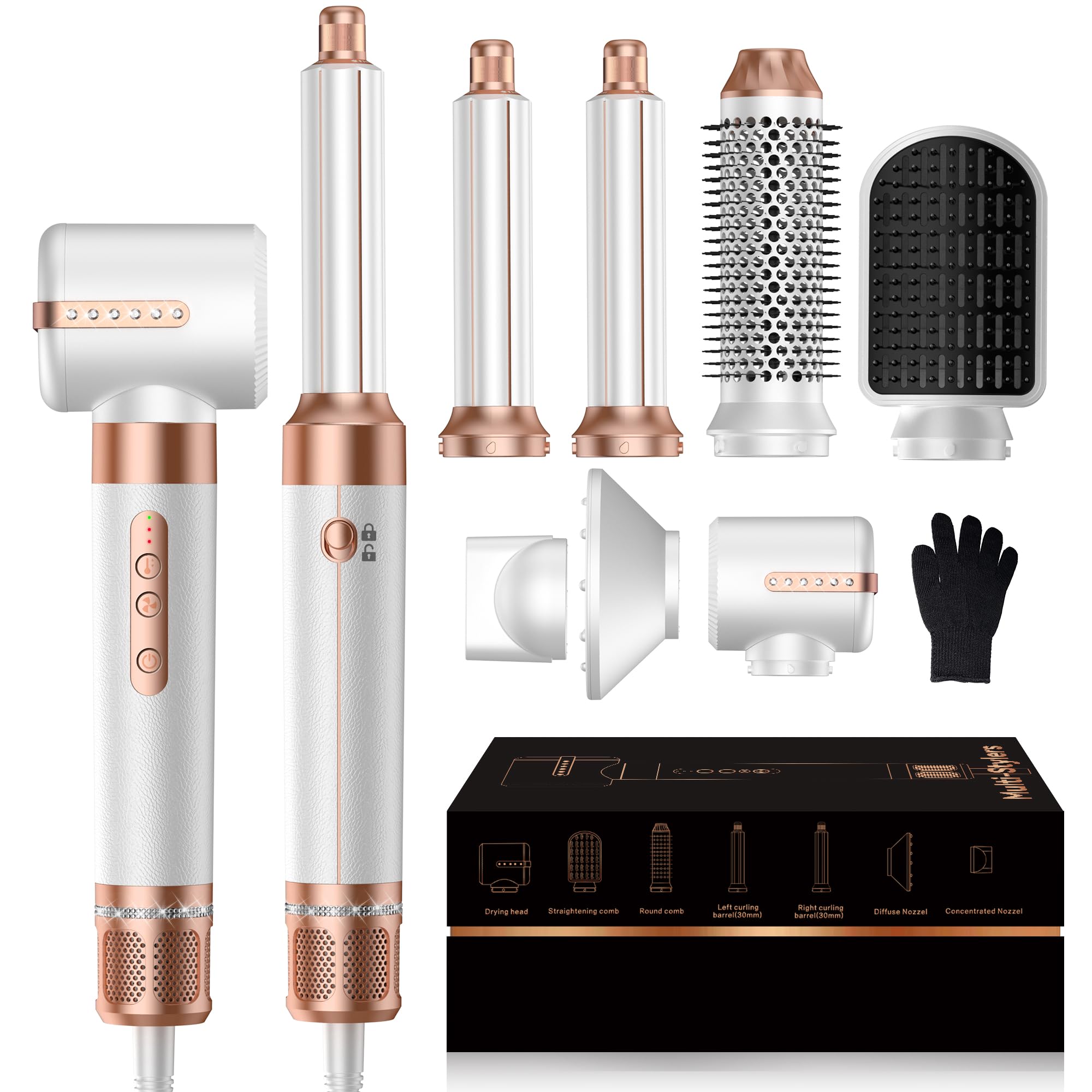 Hair Dryer Brush 7 in ONE, Brush Blow Dryer with Diffuser,Powerful Blow Dryer Brush with Air Curler for Hair,Ionic Hot Air Brush Fast Dry, Volumize, Curls, Straight, Hair Styling Tools 100-120V