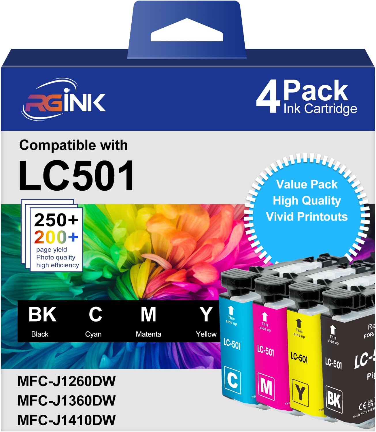 RGiNK LC501 Ink Cartridges Compatible for Brother LC501 Ink Cartridges Printer Ink LC501XL LC501 XL Work with Brother Work Smart 1360 MFC-J1360DW MFC-J1410DW MFC-J1260W Printer (4 Pack)