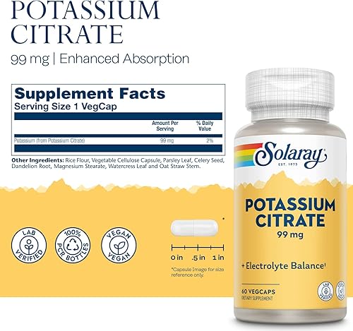 Miniatura 3 de Solaray Citrato de potasio equilibrio saludable de electrolitos soporte de función nerviosa y muscular vegano 60 cápsulas vegetales