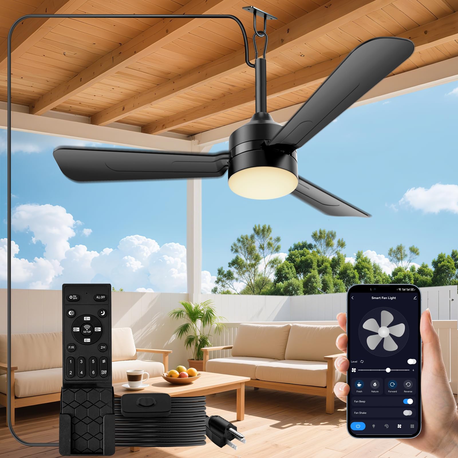 PBLALA Ceiling Fans with Lights,36.5" Plug in Ceiling Fan Light,Gazebo Fan Light,LED Fan Light Hanging with Hook,Hook Type Fan,45W,3000-6500k,Remote