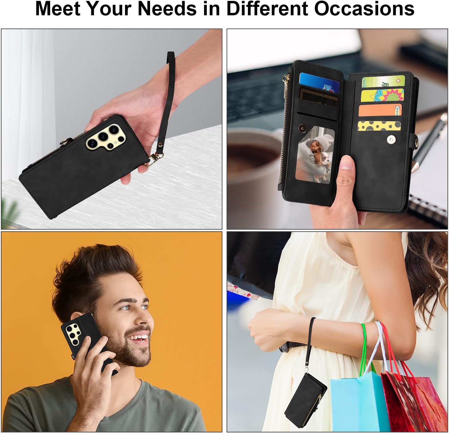 ELESNOW Wallet Samsung Galaxy S24 Ultra Case for Women Men, PU Leather with Card Holder [RFID Blocking] Wrist Strap Crossbody Zipper Stand Magnetic Flip Phone Case Cover for Samsung S24 Ultra, Black