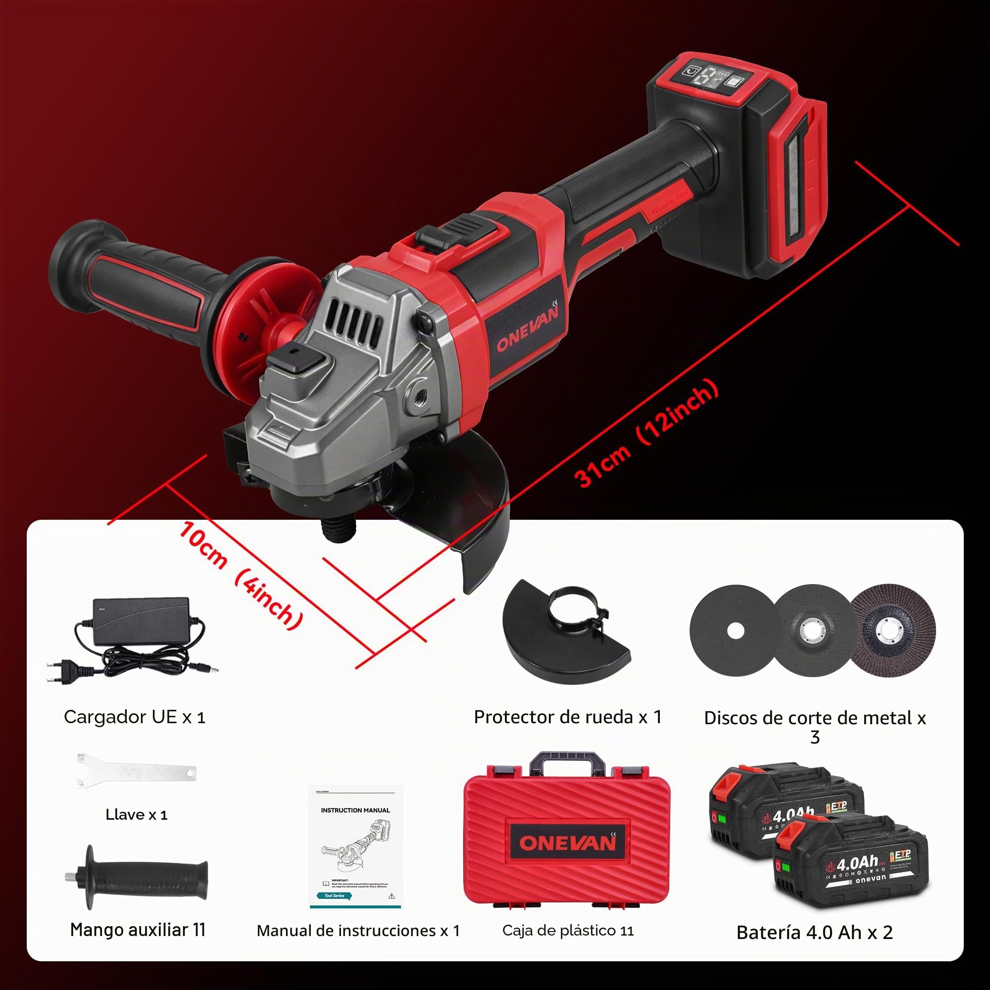 ONEVAN Amoladora Angular Inalámbrica 125mm 20V, Motor Sin Escobillas 8000 RPM con 2 Baterías 4.0Ah, Amoladora con Tapa de Bloqueo Rápido y Mango Antivibración Profesional