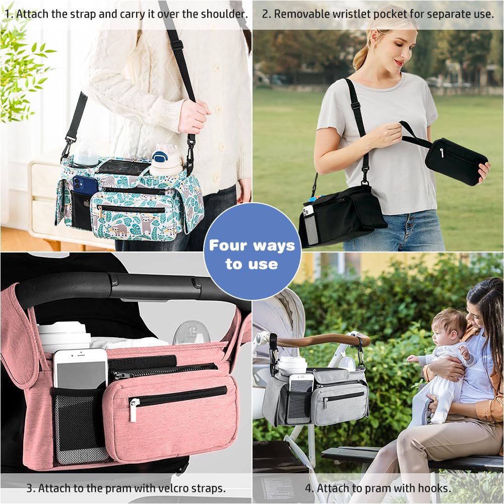 Tyuodna Baby Pram Bag Stroller,Universal Stroller Bag with 2 Insulated Cup Holder,Large Capacity Bag Organiser,Buggy Organiser with Shoulder Strap&Non-Slip Secure Hooks (Sloth) - Image 4