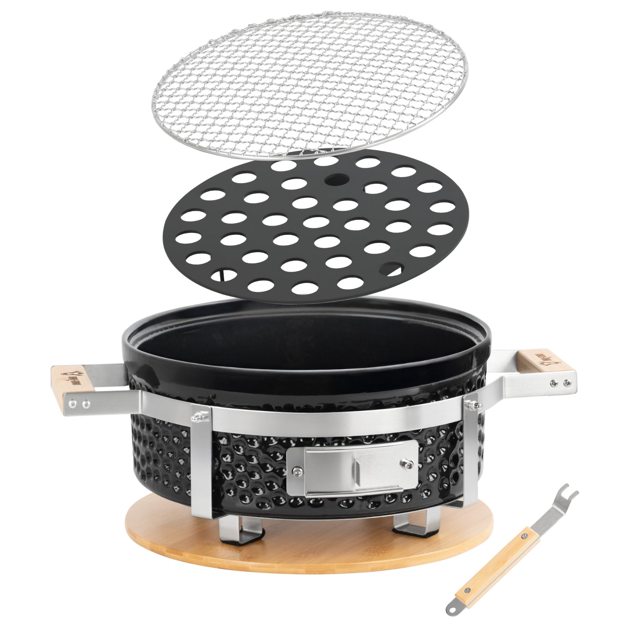 BBQ-Toro Barbecue da tavolo in ceramica, rotondo, diametro 29,5 cm, con base in legno, Hibachi, barbecue in ceramica, barbecue a carbonella, barbecue da tavolo senza elettricità, raclette giapponese