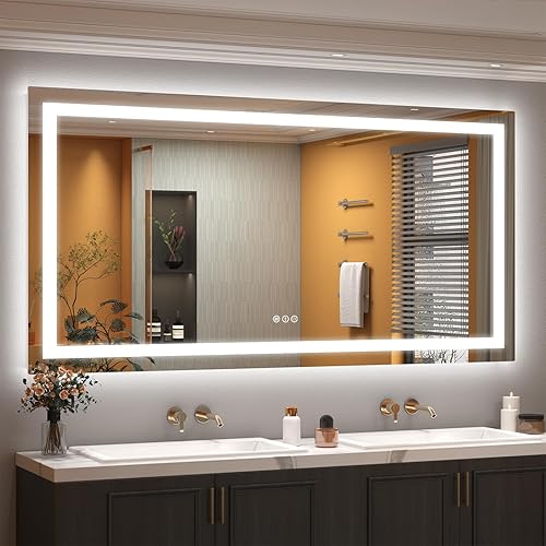 Miniatura 64 de Espejo de baño LED iluminado de 30 x 30 pulgadas para pared, espejo cuadrado de tocador con luces, regulable, antivaho, a prueba de roturas,