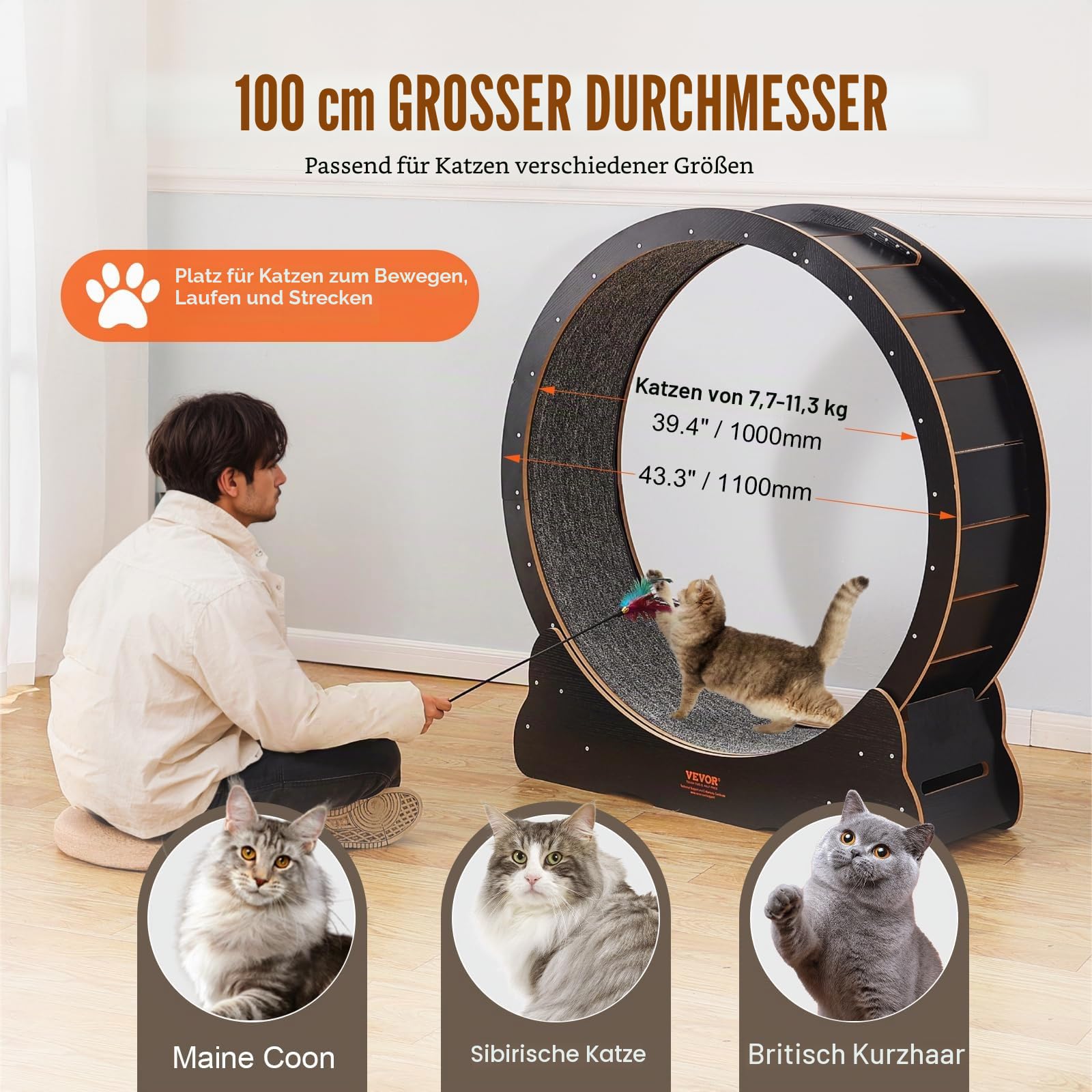 VEVOR Katzenlaufrad aus Holz, 110cm großes Katzenlaufband für Hauskatzen, Katzenlaufrad mit abnehmbarem Teppich & Katzenangel zum Laufen/Gehen/Trainieren, für die meisten Katzen geeignet, Schwarz