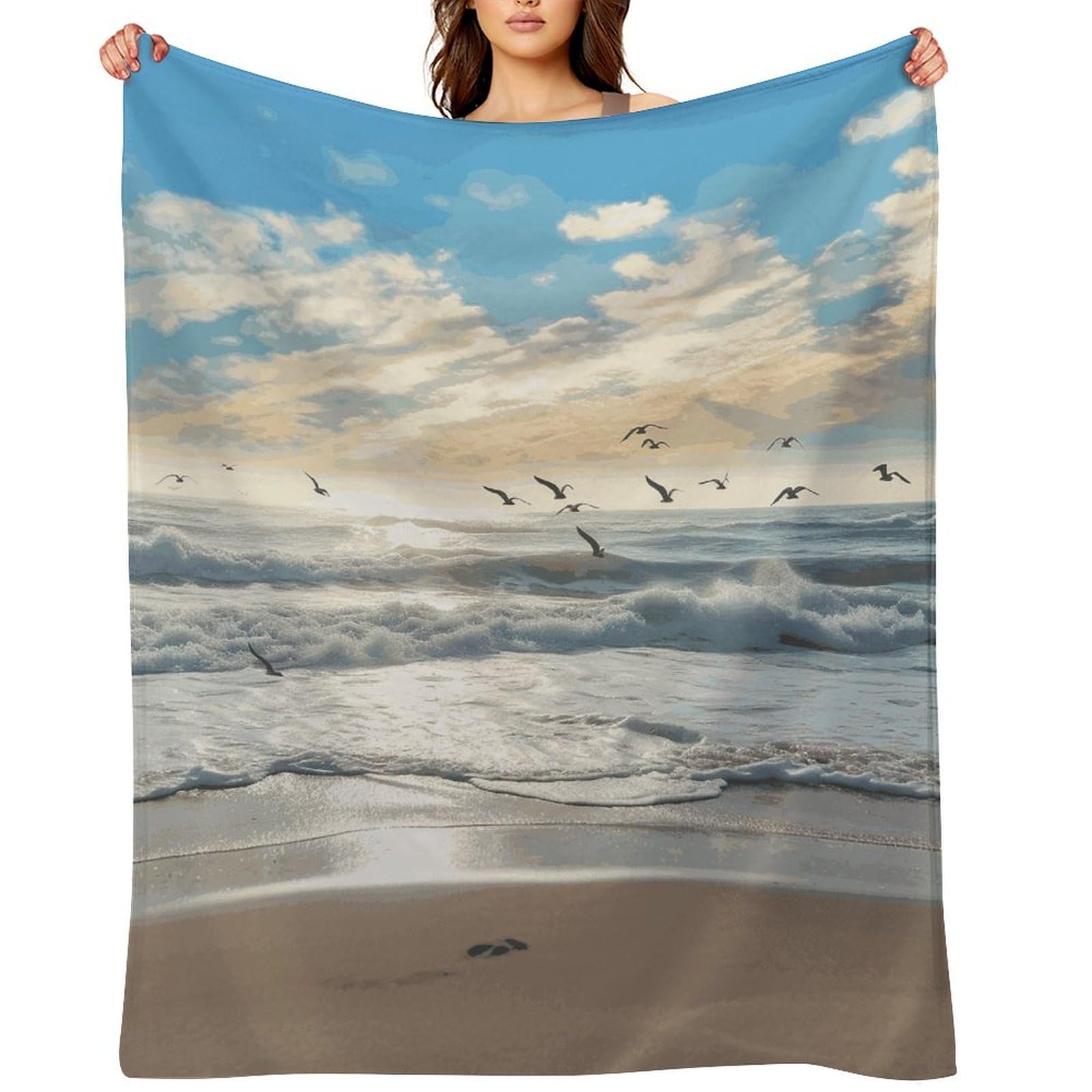 Waves on The Beach with Sea Birds Blankets Flannel Soft Blanket for Couch Warm Cozy Throw Blankets Fashion Bed Blanket Thick Bath Towel Bedspread Tapestry for Home Supplies Gift 50"x60"