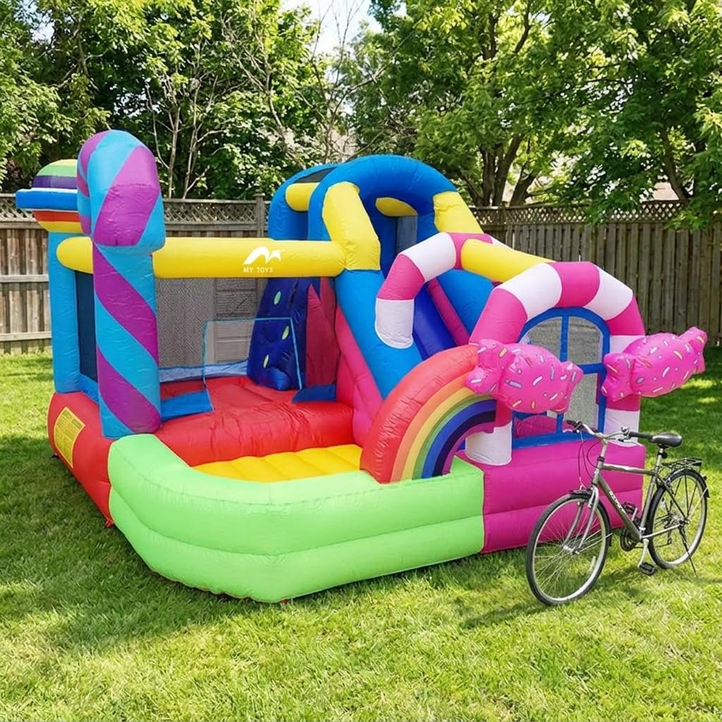 Castello Gonfiabile per Bambini con Scivolo, Gonfiabile per Bambini da Esterno, a Tema Caramelle