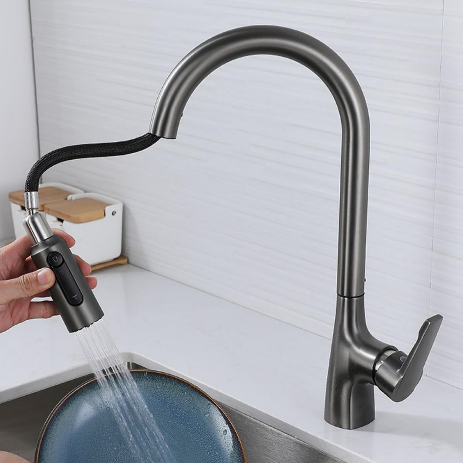 Robinet de Cuisine à col de Cygne Haut, 3 Voies, Bec extractible, poignée Unique, Double Fonction pour l'eau Potable, Design élégant, Installation en Angle Peu encombrante