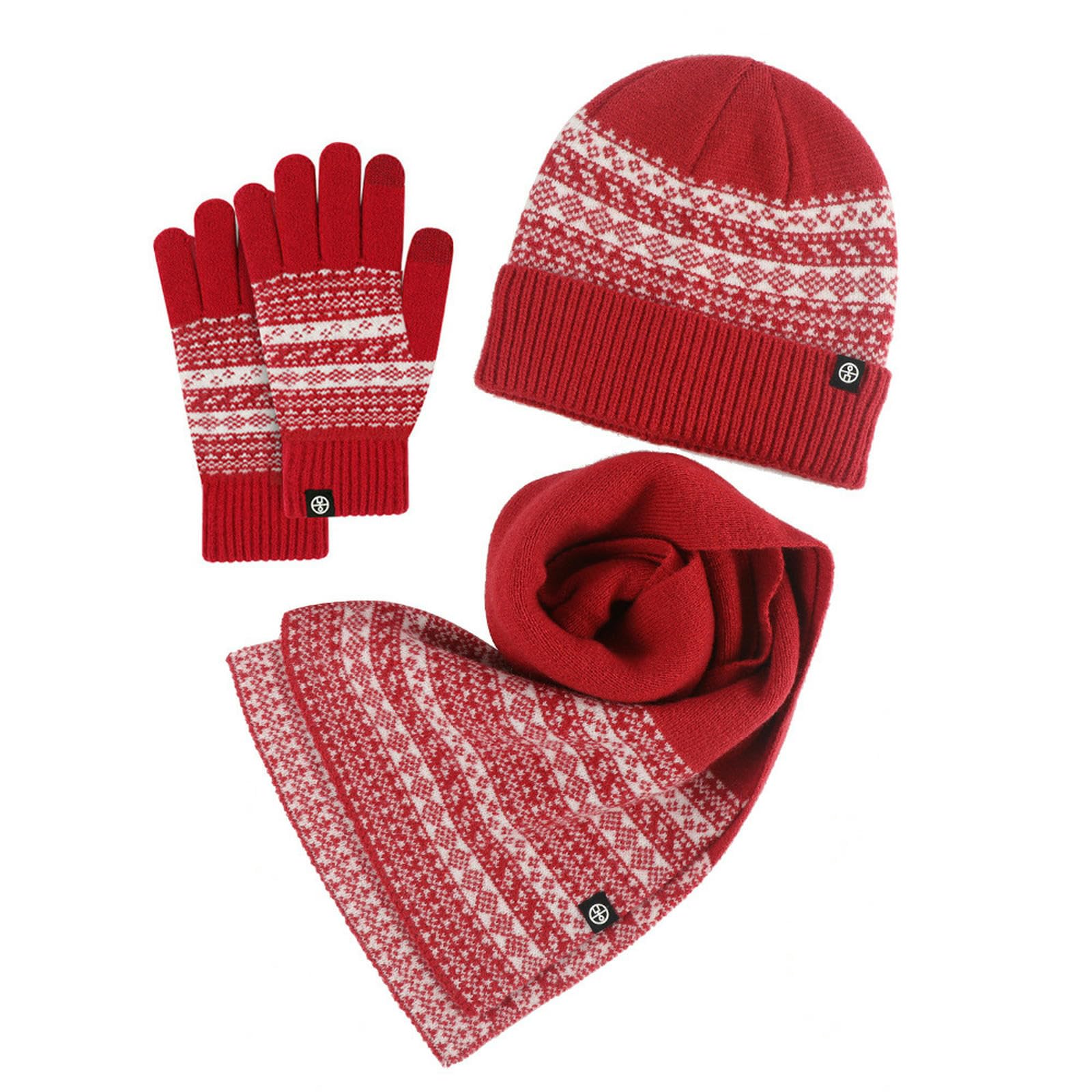 Wintermütze Schal Handschuhe Set Strickmütze, Und Handschuhe, Winterwarmer Winddichter Jacquard-schal-Set-rot