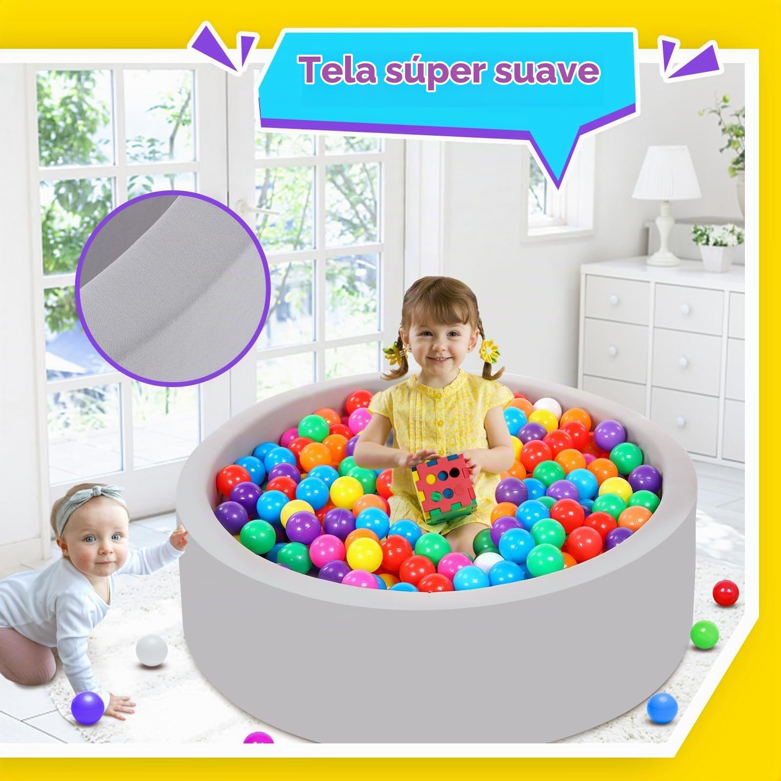 Piscina de bolas para bebés con 200 bolas tricolores, Bolas para piscina de bolas para bebés con bolas de plástico incluidas Piscina de bolas redonda suave plegable grande para niños pequeños Interior