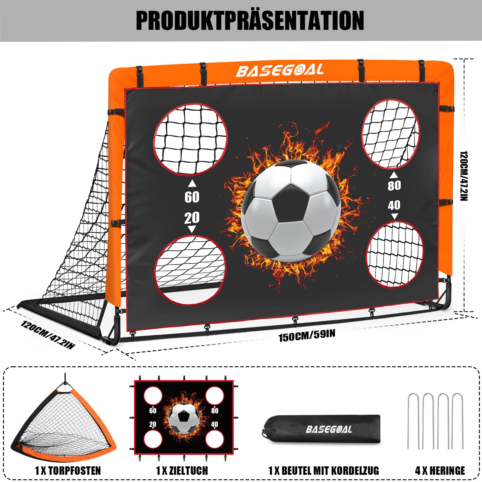 Klappbares Fußballtor Garten 150x120cm - Fussballtore für Garten mit Zielscheibe, Fussball Tor Outdoor mit Tragetasche & Erdankern - Ideal für Garten, Strand & Vereinstraining