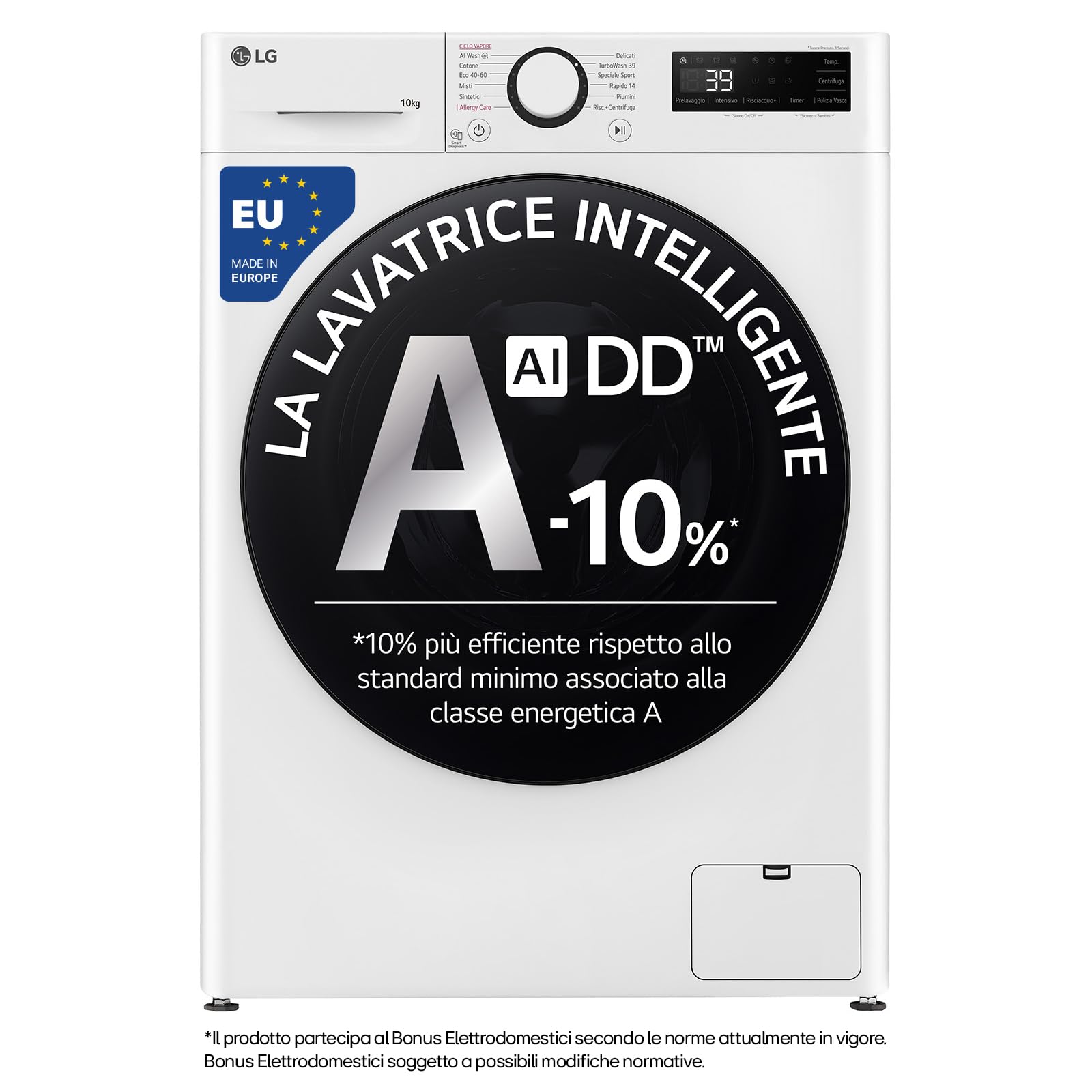LG AI DD F4WR6010AGW Lavatrice 10 kg Serie R5, Carica Frontale, Classe A-10%, 1400 giri, TurboWash 360, Lavaggio a vapore, Motore Direct Drive, Smart Diagnosis, Libera installazione, Bianca