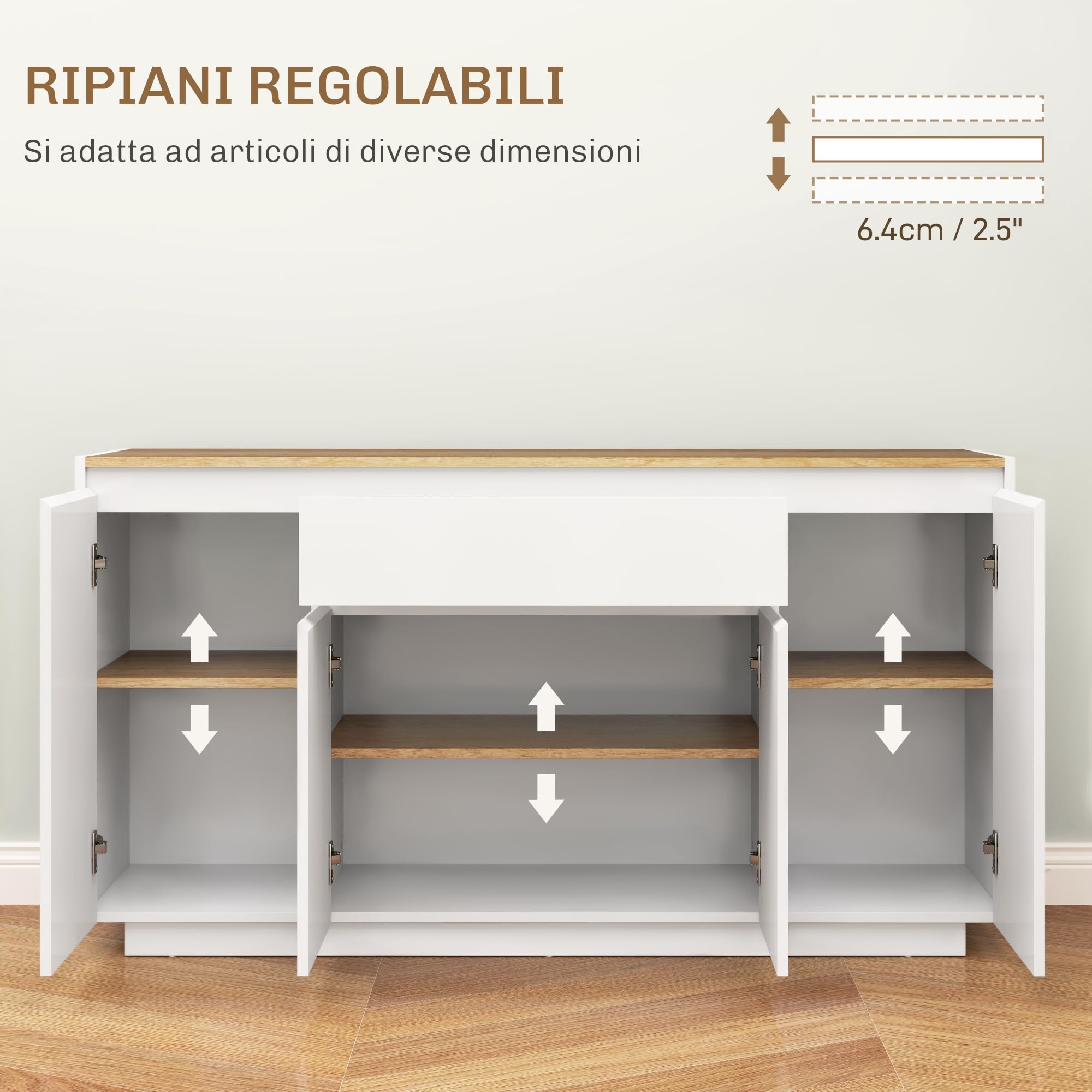 HOMCOM Credenza Cucina con 3 Armadietti a 4 Ante, Mobile Cucina Moderna con Cassetto, Ripiano Regolabile e Ante Soft-Close, Madia in Legno MDF per Soggiorno, Sala da Pranzo, 140x40x75 cm, Bianco
