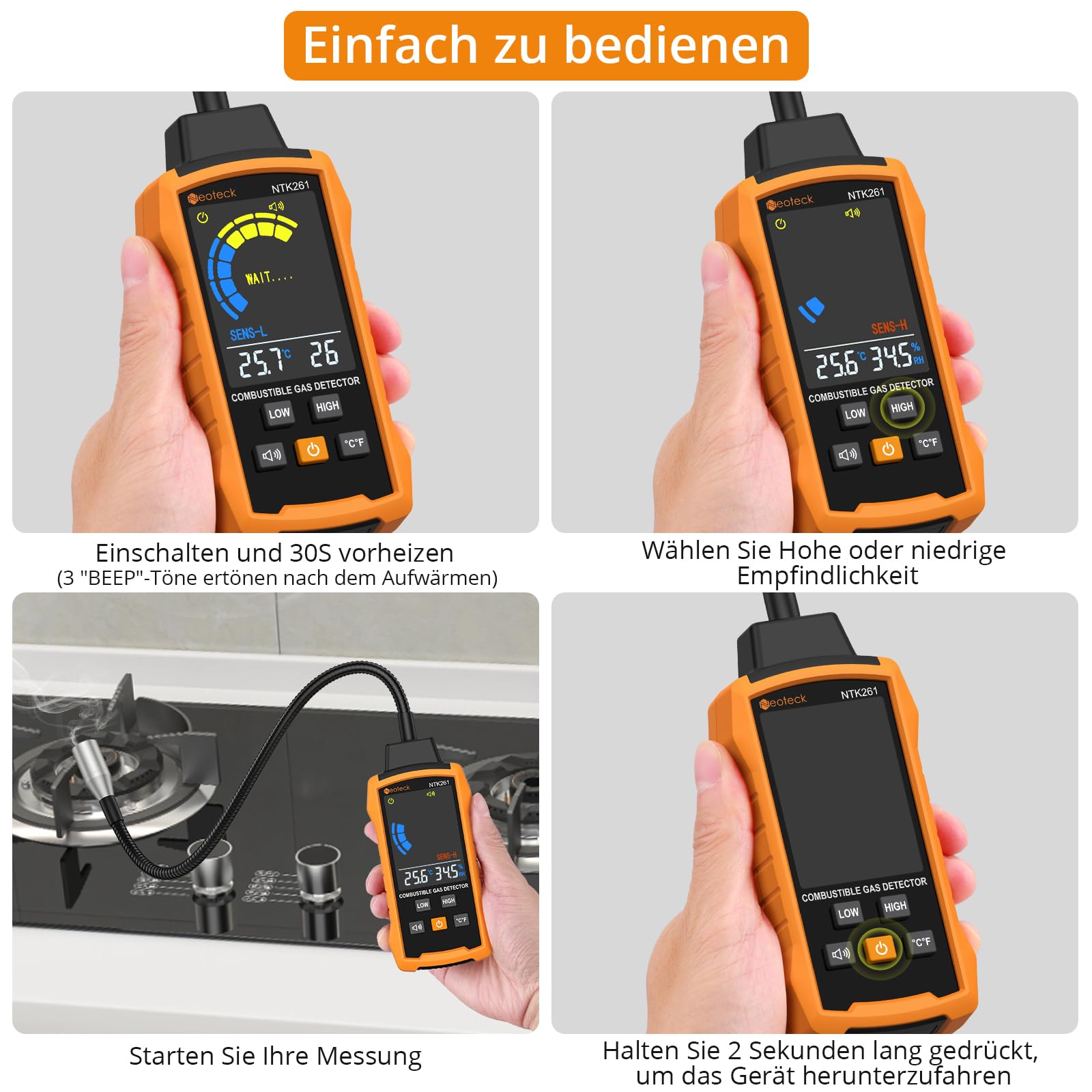 Neoteck Erdgasdetektor Gasleckdetektor mit 12" Schwanenhals Detektor für brennbare Gase mit akustischem und optischem Alarmtest Methan, Propan, Benzin, CO, Erdgas für Gaspipelines Gasherd Wohnmobil