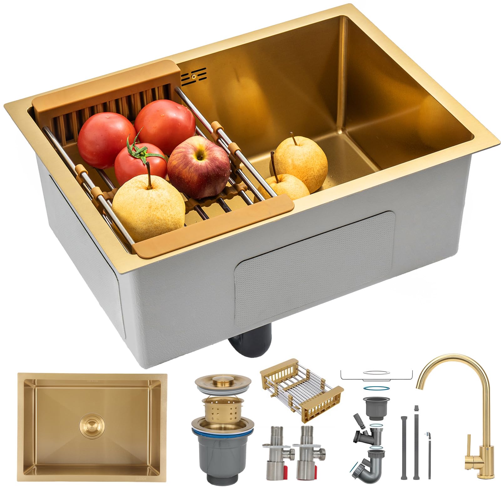KOOGIMDDR 60 x 40 cm Gold Prep Sink with Tap Undermount Stainless Steel Multifunctional Kitchen Essential Single Bowl Sink with Gold Drainer and Mounting Components, with Drain Basket