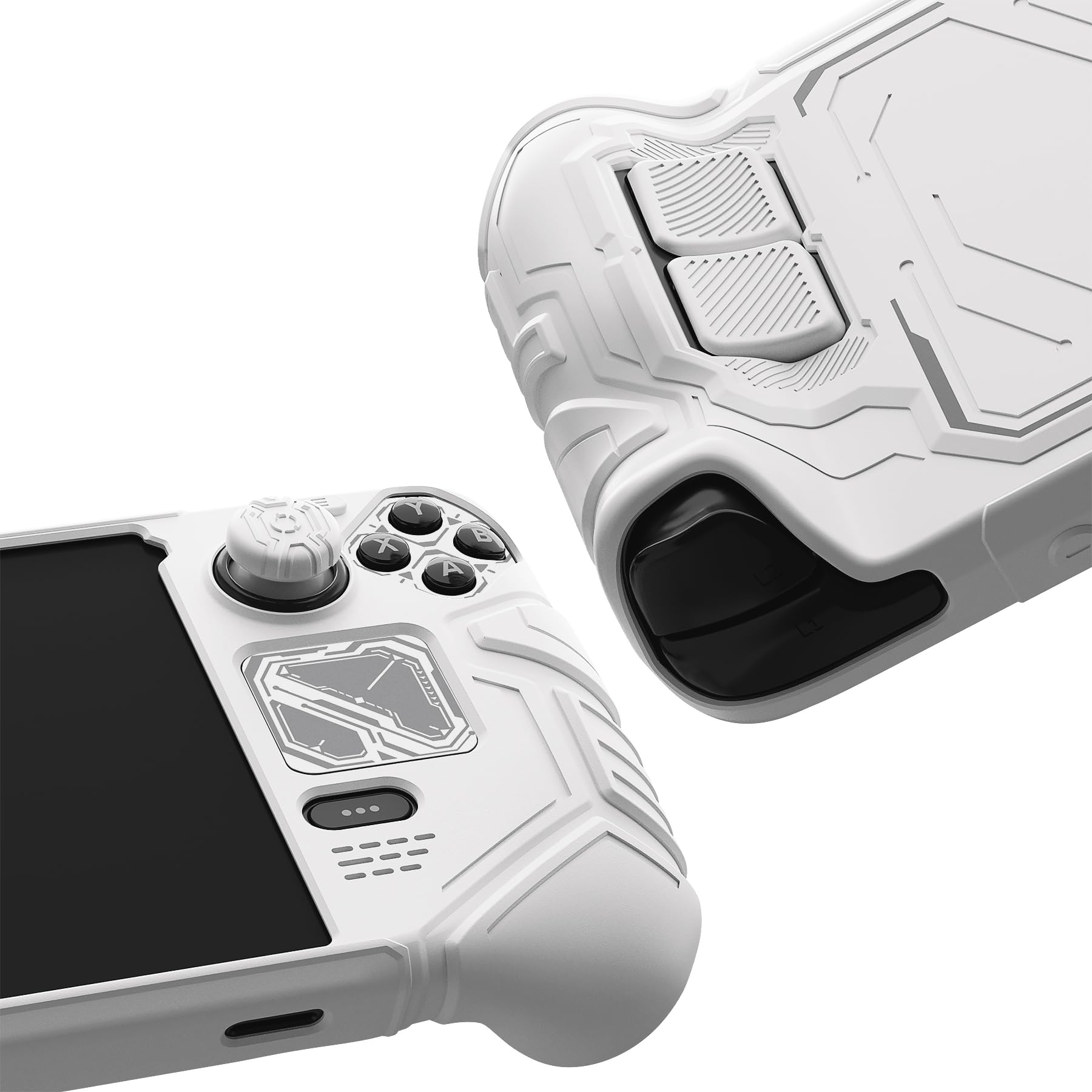 playvital Coque pour Steam Deck OLED & LCD avec Boutons Arrière & Capuchons Joystick & Autocollants,Housse Étui Silicone pour Steam Deck Accessoire Protection Antichoc Antidérapante-Blanc Mécha