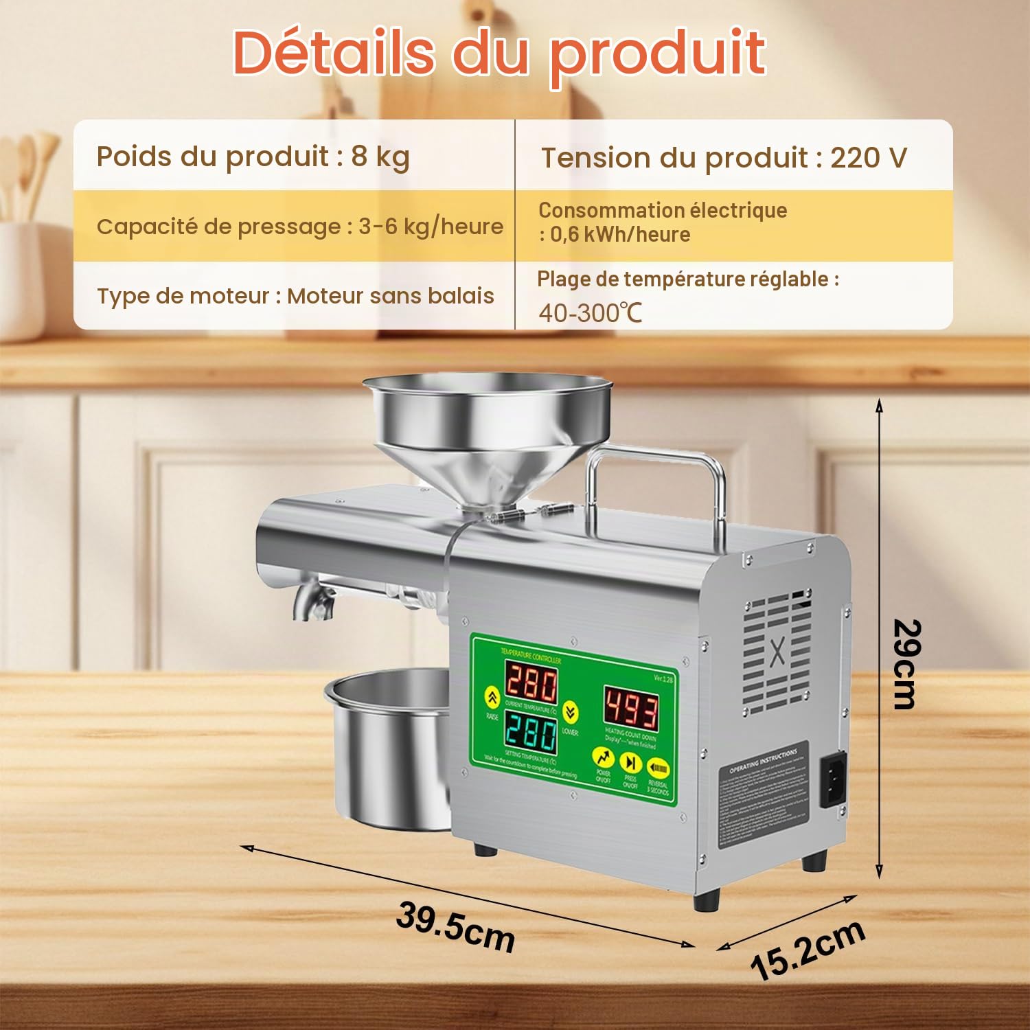 Presse à huile 1000W, extracteur d’huile intelligent à froid et à chaud avec affichage de température, expulseur en acier inoxydable pour plus de 20 graines et noix, usage domestique