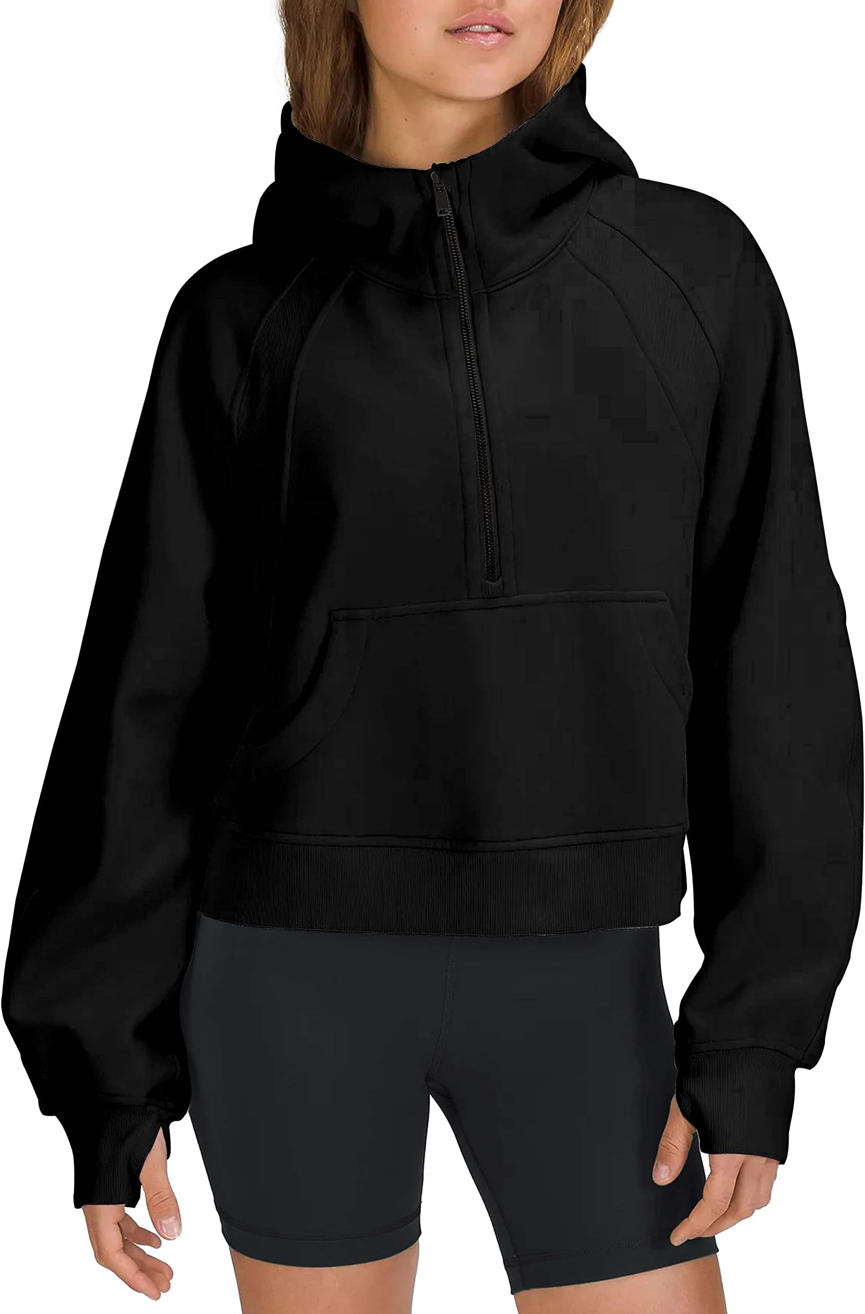 LAMOERWomens Hoodie Pullover Sweatshirts Peachskin Velvet Half-Zip Crop Hooded Fleece Lined Collar Zip Up Cropped Hoodies
