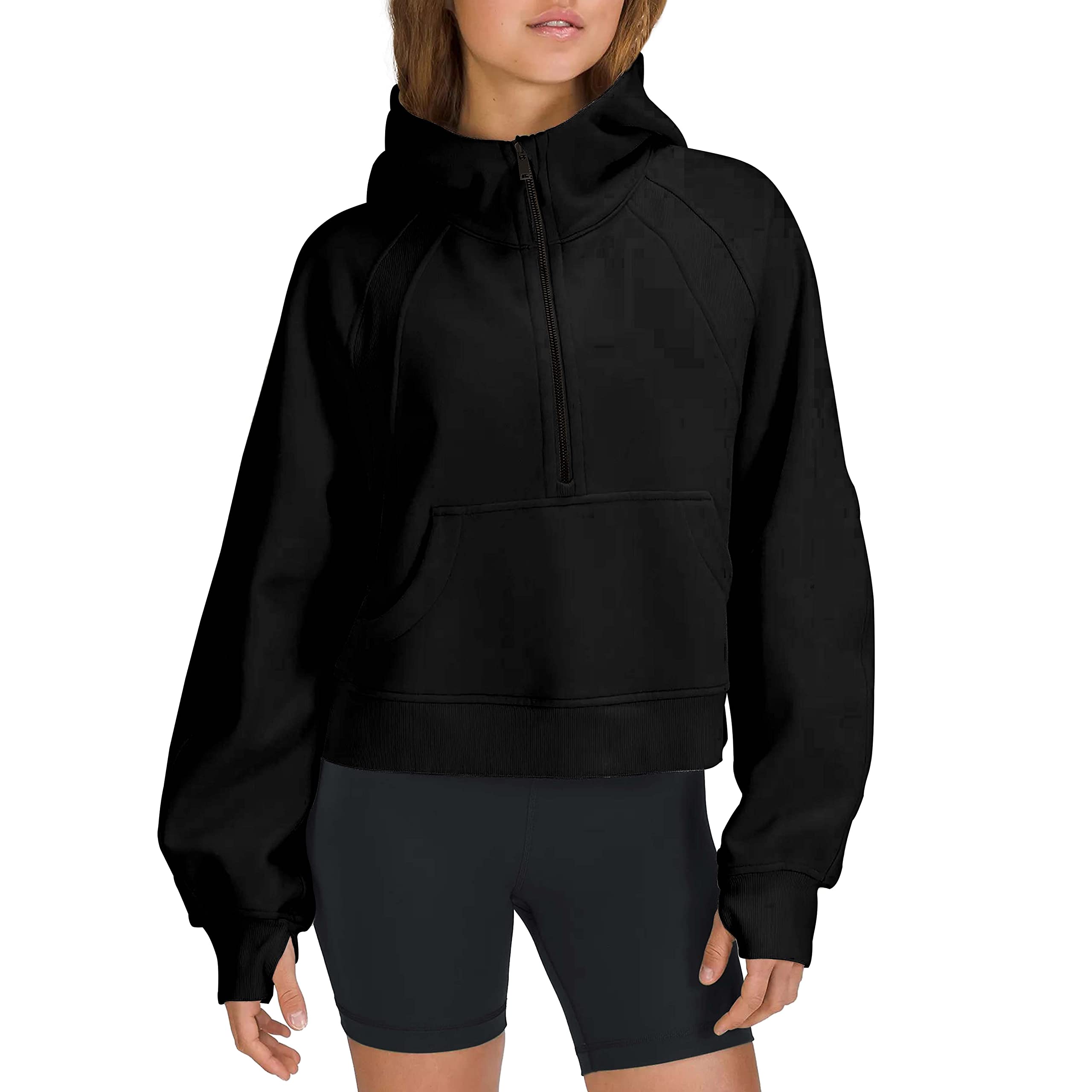 LAMOERWomens Hoodie Pullover Sweatshirts Peachskin Velvet Half-Zip Crop Hooded Fleece Lined Collar Zip Up Cropped Hoodies