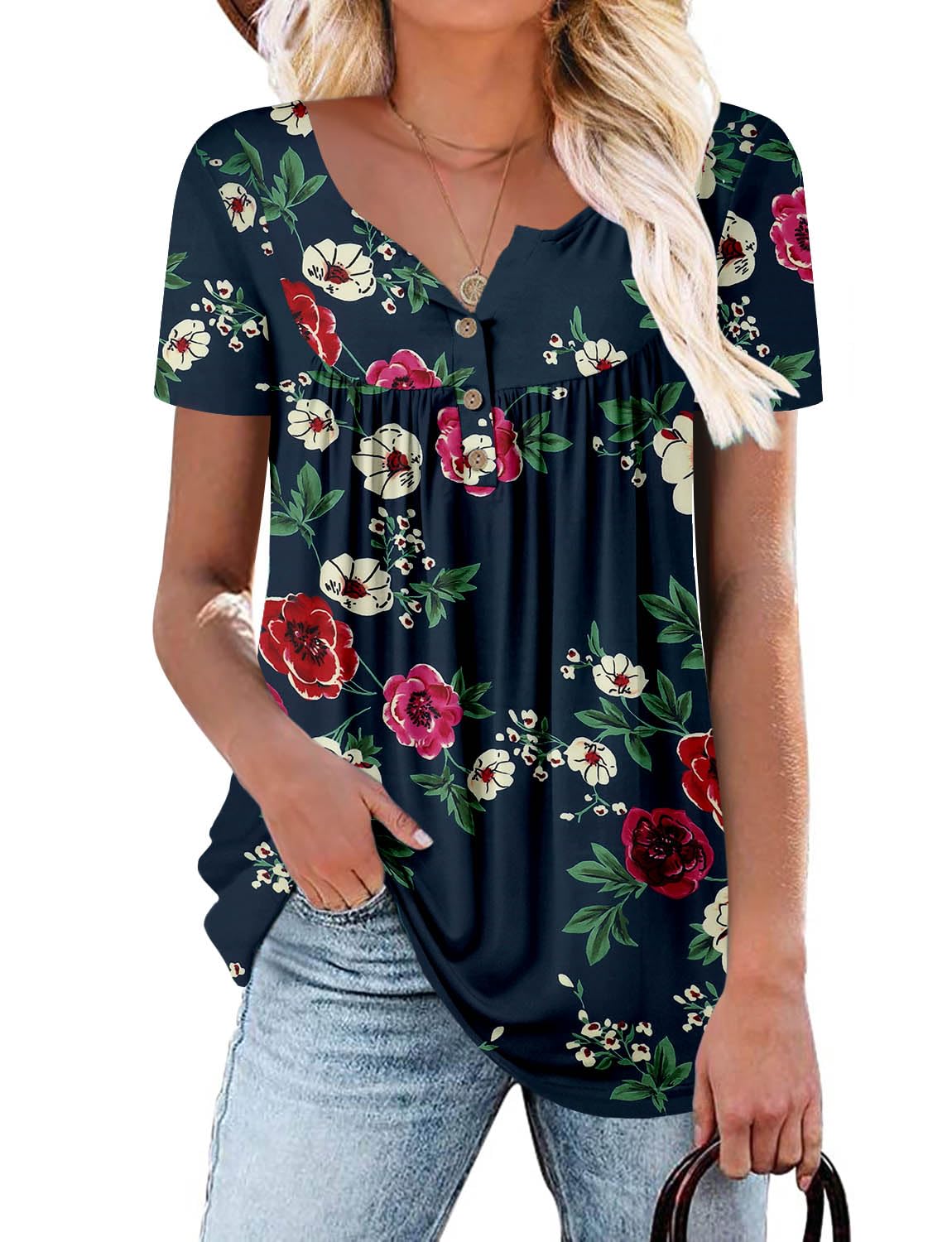 KISSMODA Ladies Pleated Tunic Tops for Women Buttons up Long Sleeve Shirts Floral Print — view 23