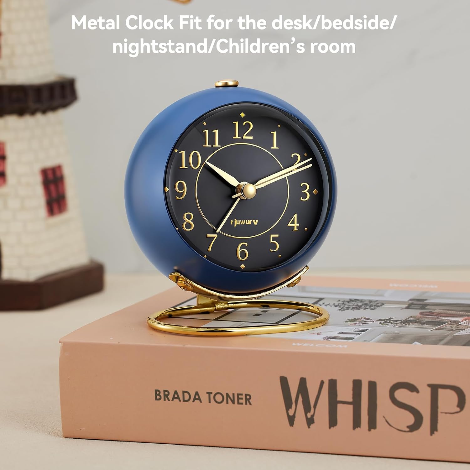 rjuwurv Metal Desk Alarm Clock, Retro Bedroom Table Vintage Analog Silent Non-Ticking Gold Alarm Clock, Bedside Decor(Navy Blue)