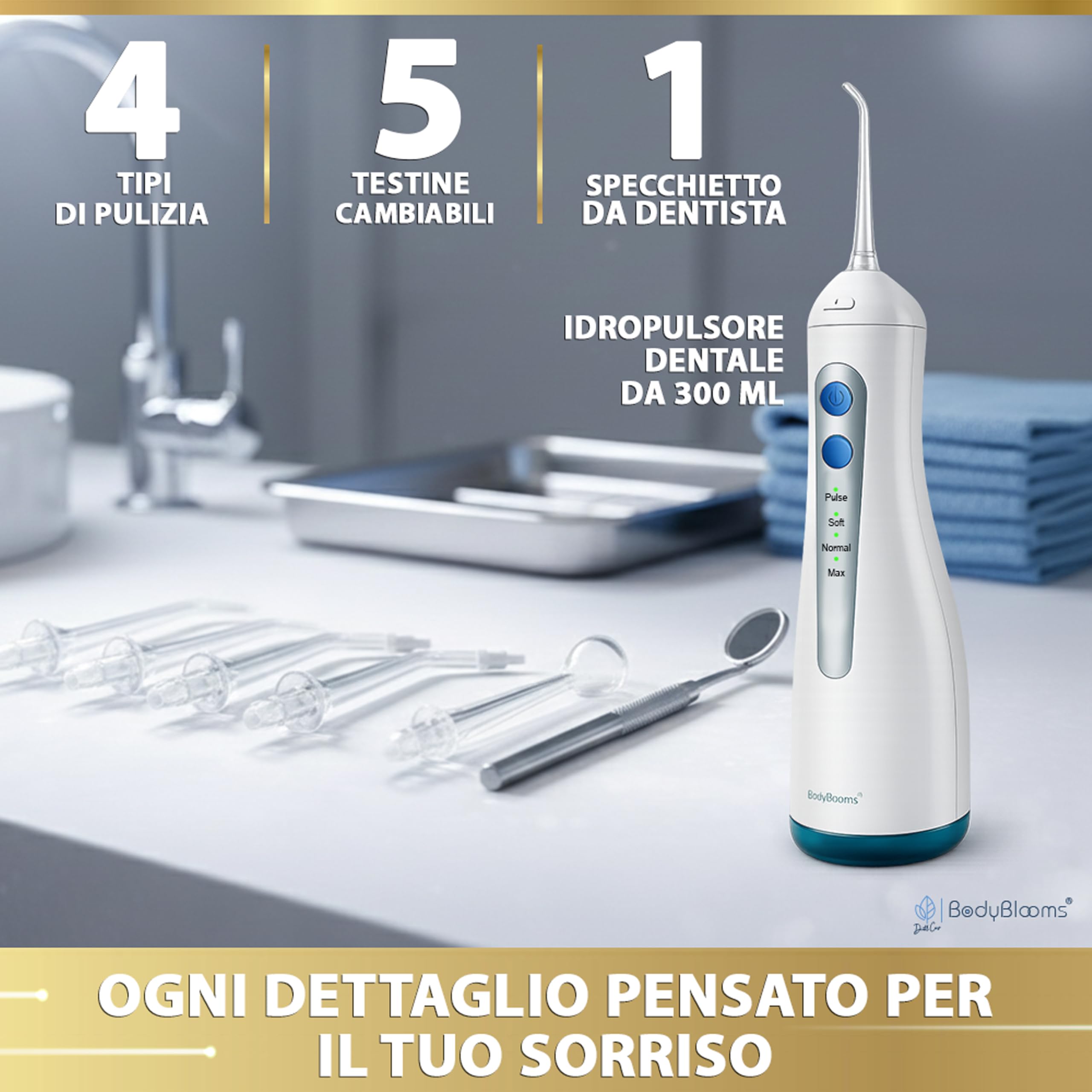 Idropulsore Dentale Portatile DENTAL V-PRO da 300ml. Idropulsore denti,alta pressione con 5 ugelli +1 specchio per pulizia denti profonda. Water flosser Impermeabile. Irrigatore Orale pulizia profonda