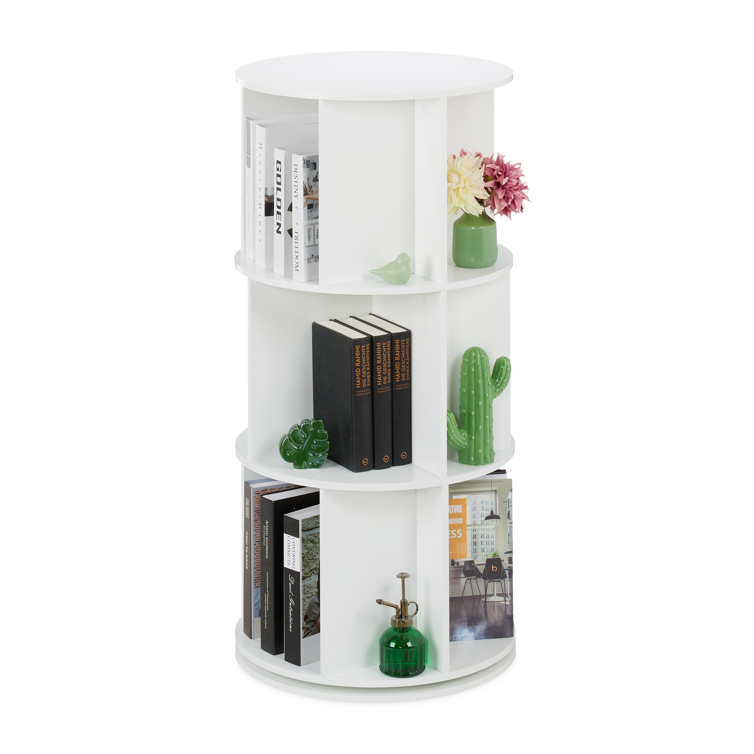 Relaxdays Rotating Bookcase, 15 Compartments, HxD: 104x50 cm, 3 Tiers, Round Revolving Shelf for Books & DVDs, White, Fibreboard