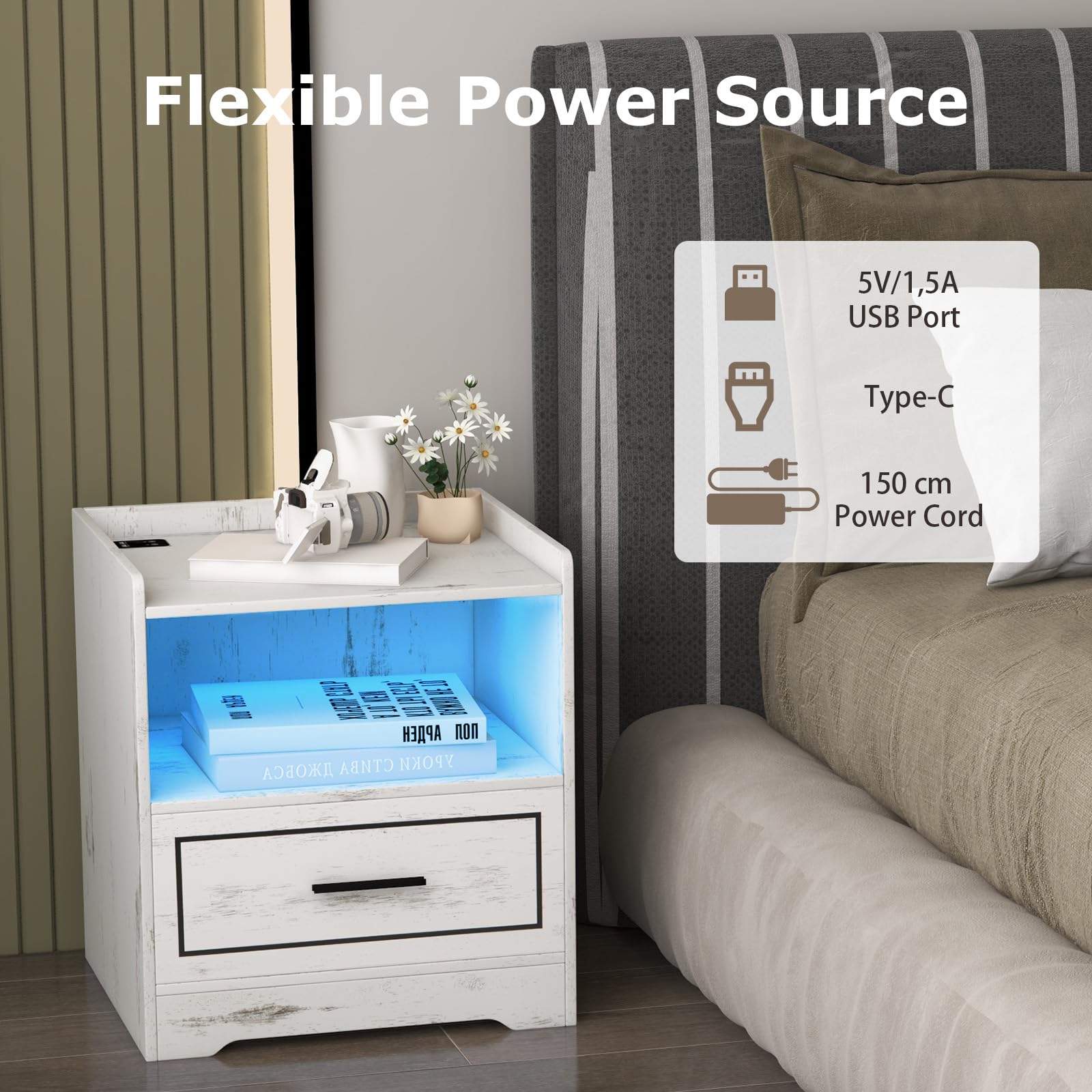 KOMFOTTEU Regulowany stolik nocny LED, ładowanie USB/Type-C, drewniana szuflada, Smart Tabel 45 x 40 x 50 cm (1, biały)