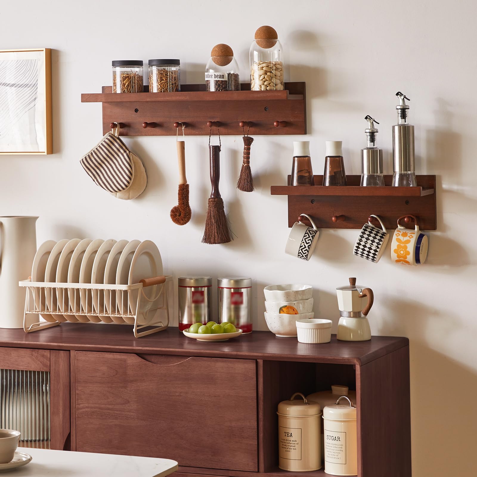 Aibiju Appendiabiti da Parete con Mensola 40 cm, Ganci da Parete in Legno con Contenitore, per Ingresso, Bagno, Cucina, colore Noce YD-WS0240H