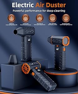 Compressed Air Duster - 100 - Gear Adjustable 130,000 RPM Rechargeable Cordless Electric Air Duster with Display Screen, Mini Dust Blower for Computer, Keyboard, Home, Car Cleaning (Black + Orange)
