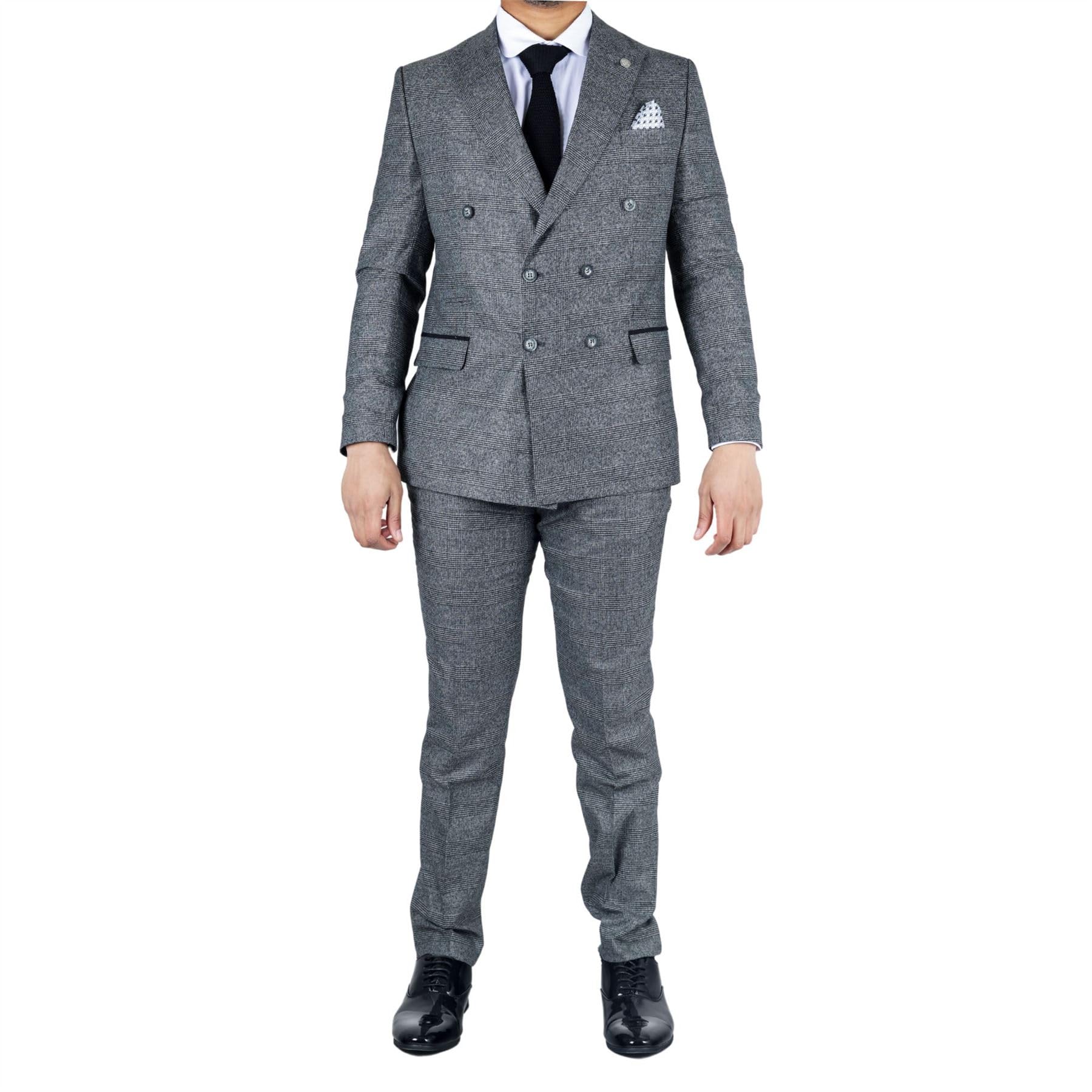 Men's Grey Suit 2 Piece Double Breasted Check Formal Dress - Grey 44