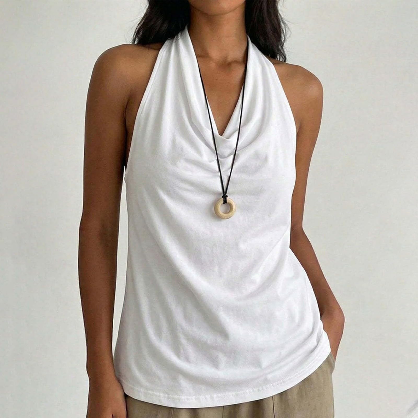 Conjunto de top para mujer con cuello drapeado, color veraniego, cuello en V, parte superior sin espalda