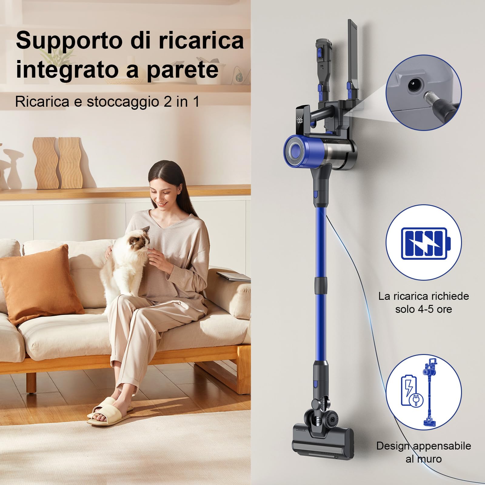 Aspirapolvere Senza Fili Potente 650W/58KPA/60Mins, Scopa Elettrica Senza Fili Anti-Groviglio LED Peli Animali, 2,3kg Ultraleggero, 2L Senza Sacco, Filtro HEPA,Pavimenti Duri e Tappeti (BLUE)