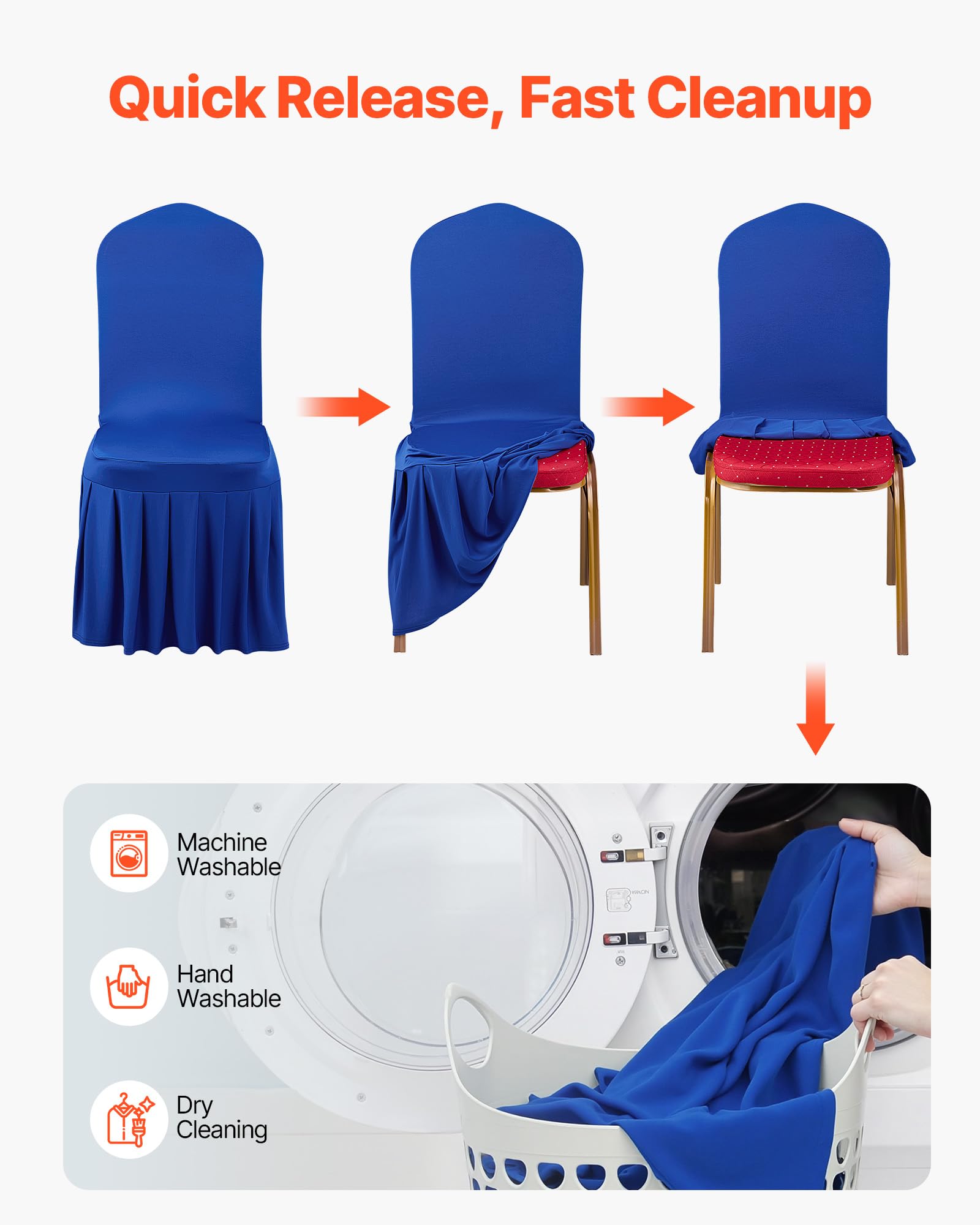 VEVOR Fundas Sillas de Comedor 30 Piezas, Funda para Sillones Elástica de Poliéster y Elastano, para Sillas de hasta 51 x 45 x 95 cm, Diseño de Falda, Tela Suave, para Boda, Fiestas, Banquetes, Azul