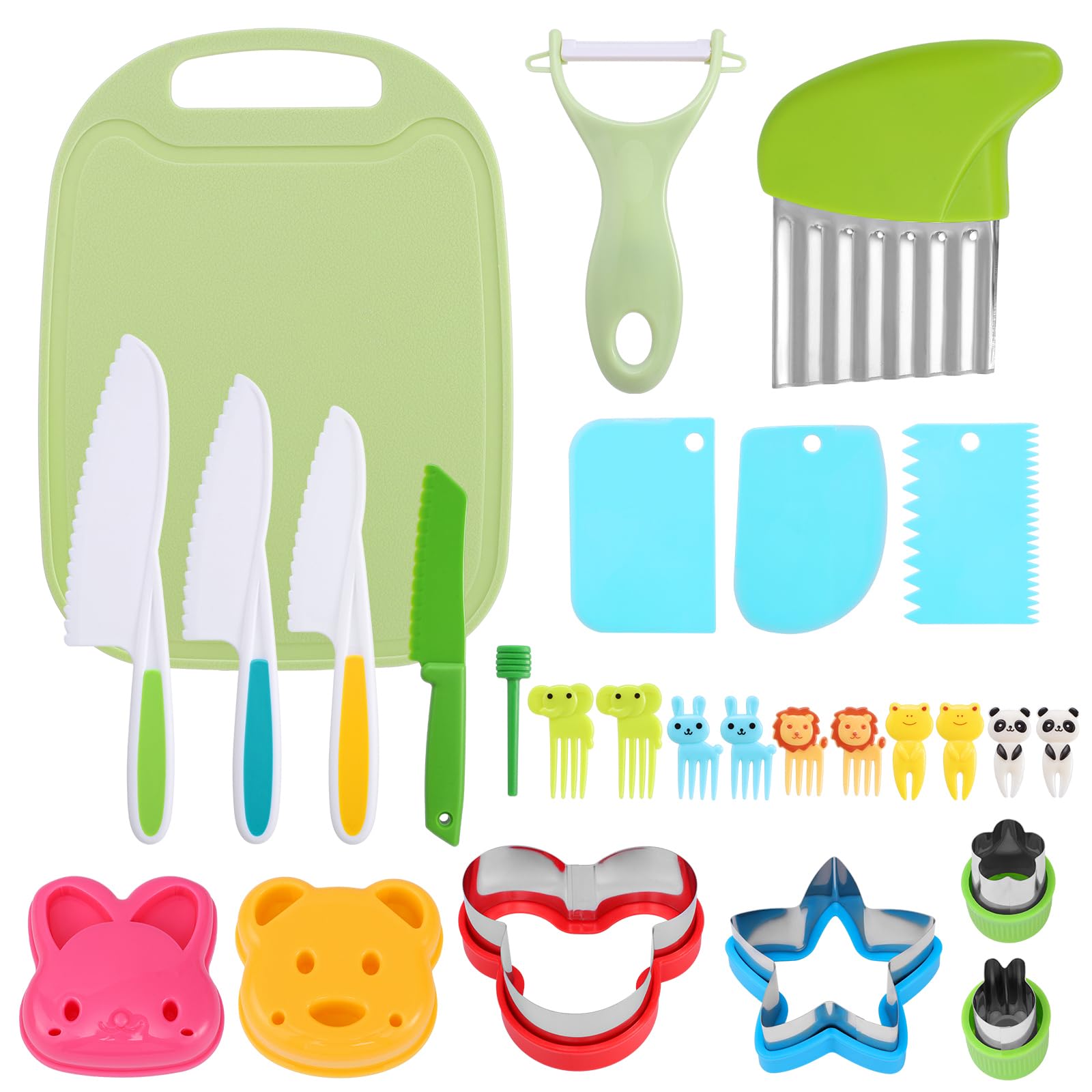 26 Pcs Kids Knife Set for Real Cooking, Montessori Toddlers Kitchen Tools Include Plastic Safe Knives Cutting Board Peeler Sandwich Cutters for Toddler Educational Gift