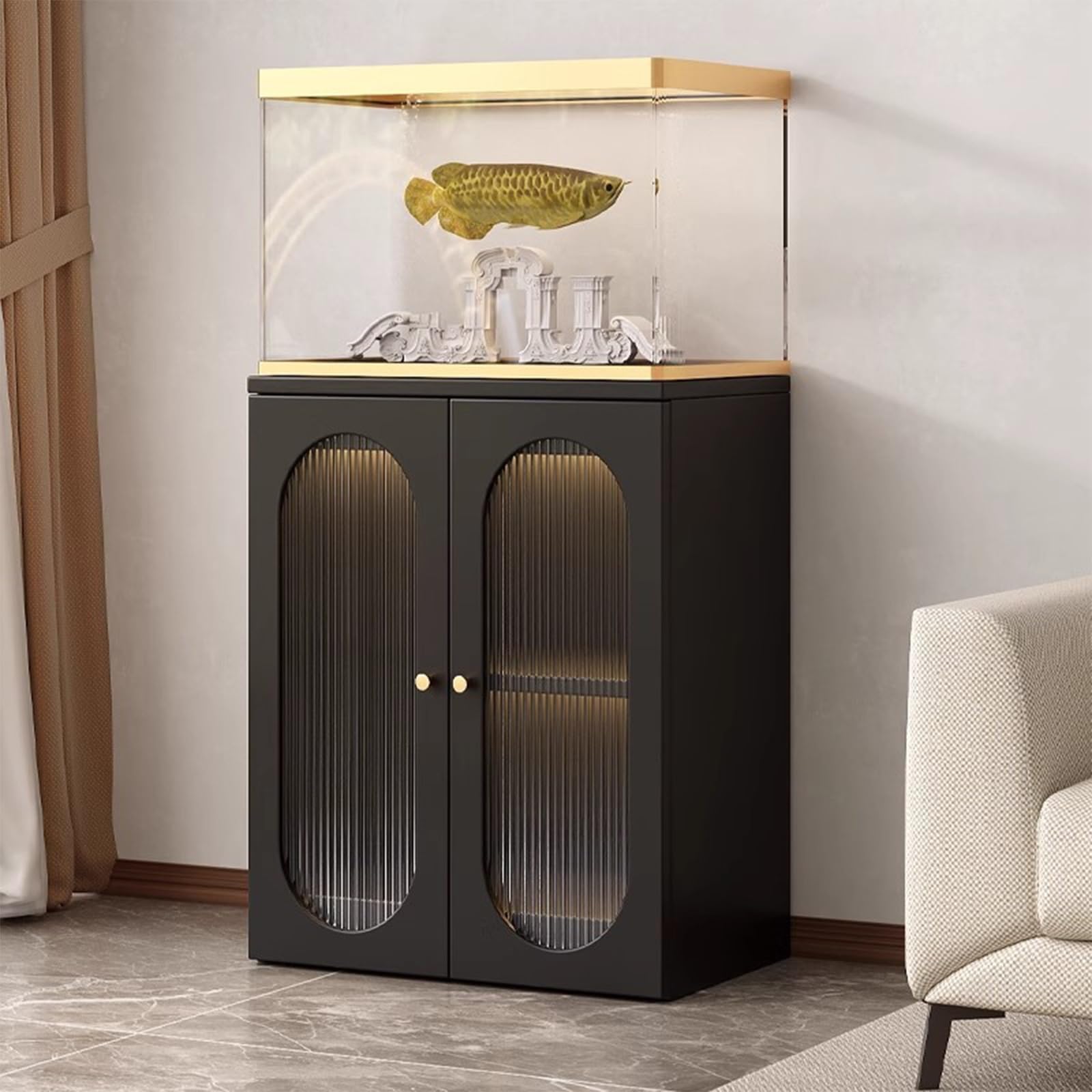 Soporte para Acuario, Mueble de Lujo Negro para Acuario, 16 mm de Grosor, Amplio Espacio de Almacenamiento, Orificios reservados para el cableado, Ideal para acuarios de 80x45 cm, Elegante y